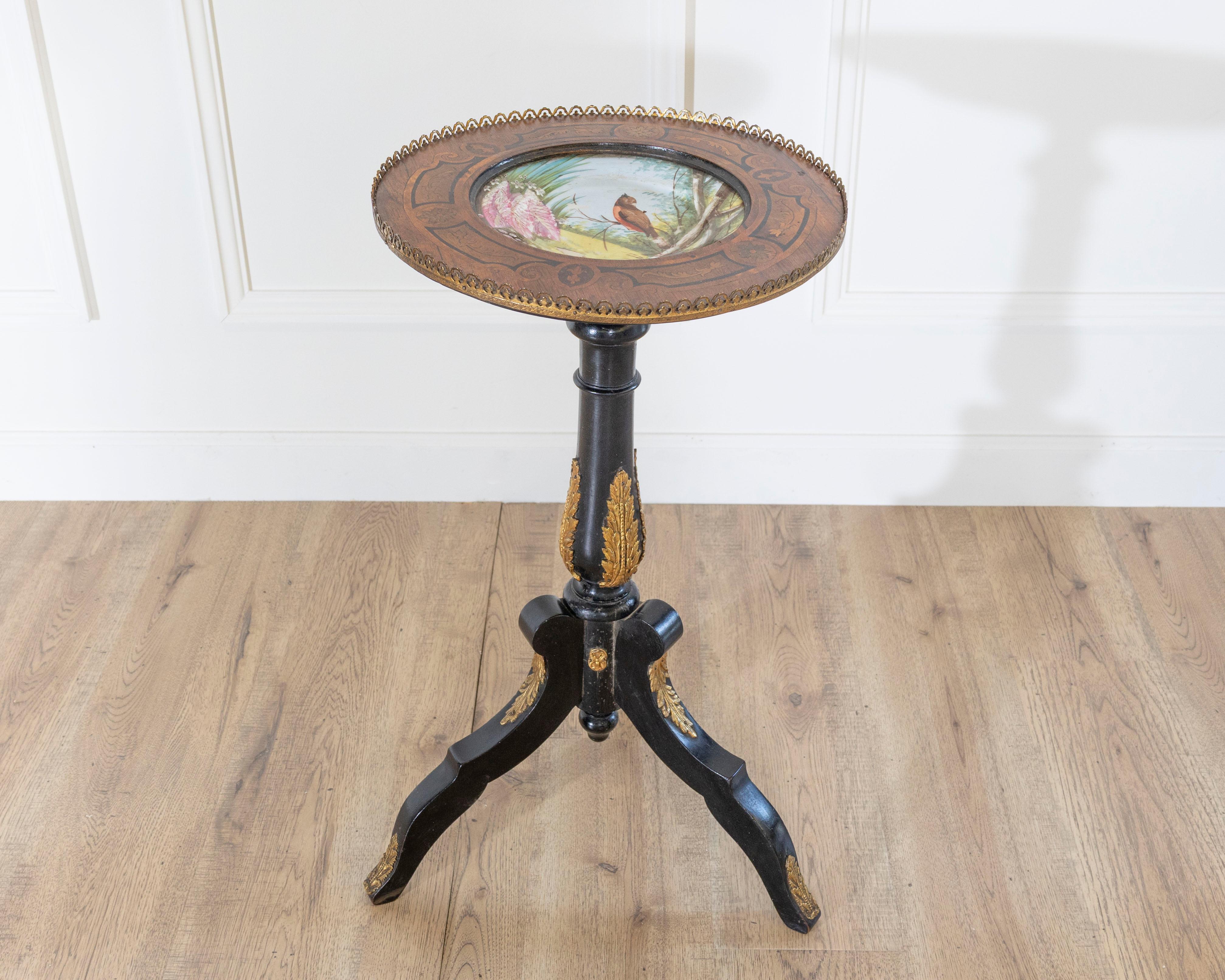 Napoleon III Pedestal Table with Marquetry and Painted Earthenware Basin, France In Good Condition For Sale In Atlanta, GA
