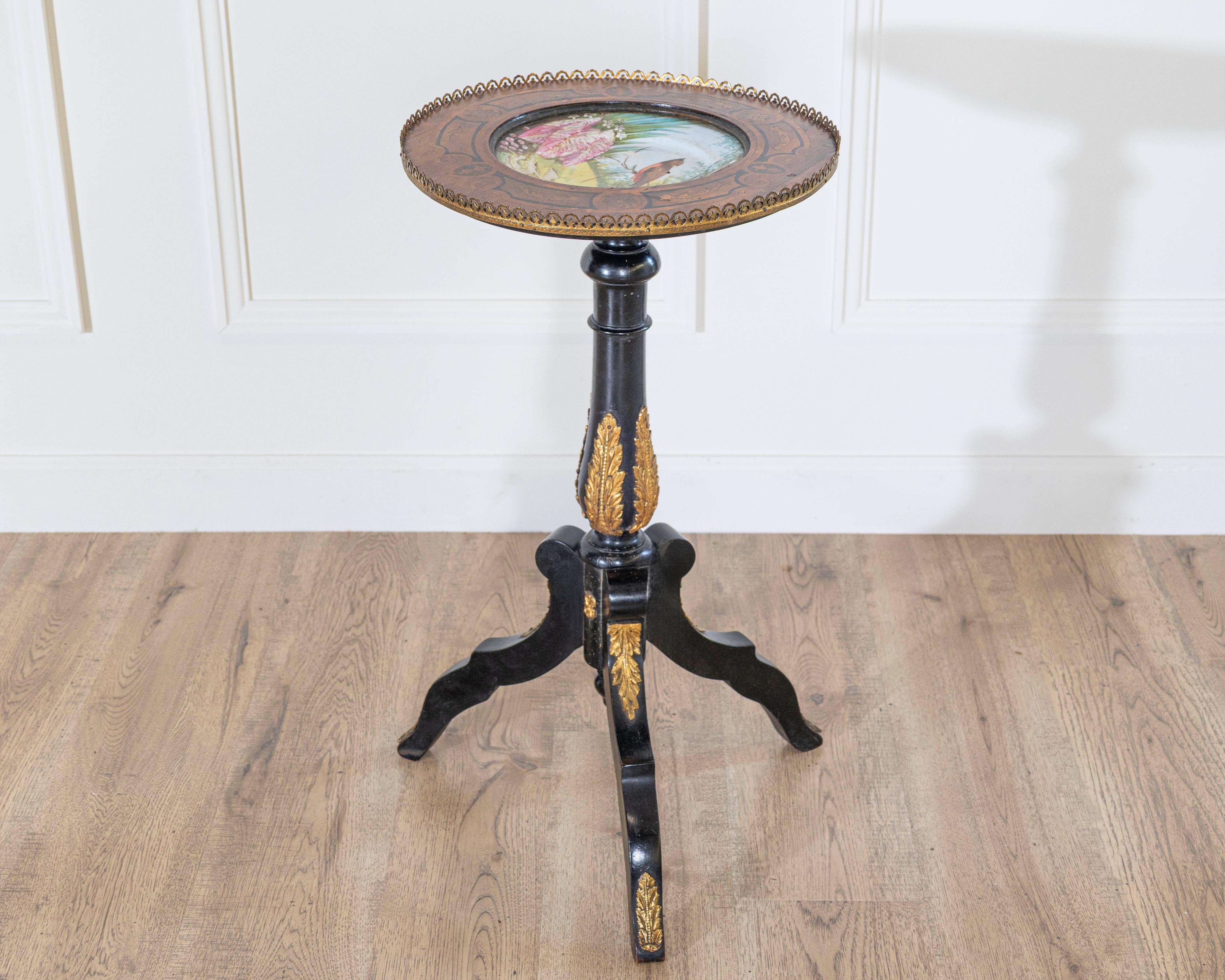 Napoleon III Pedestal Table with Marquetry and Painted Earthenware Basin, France For Sale 1