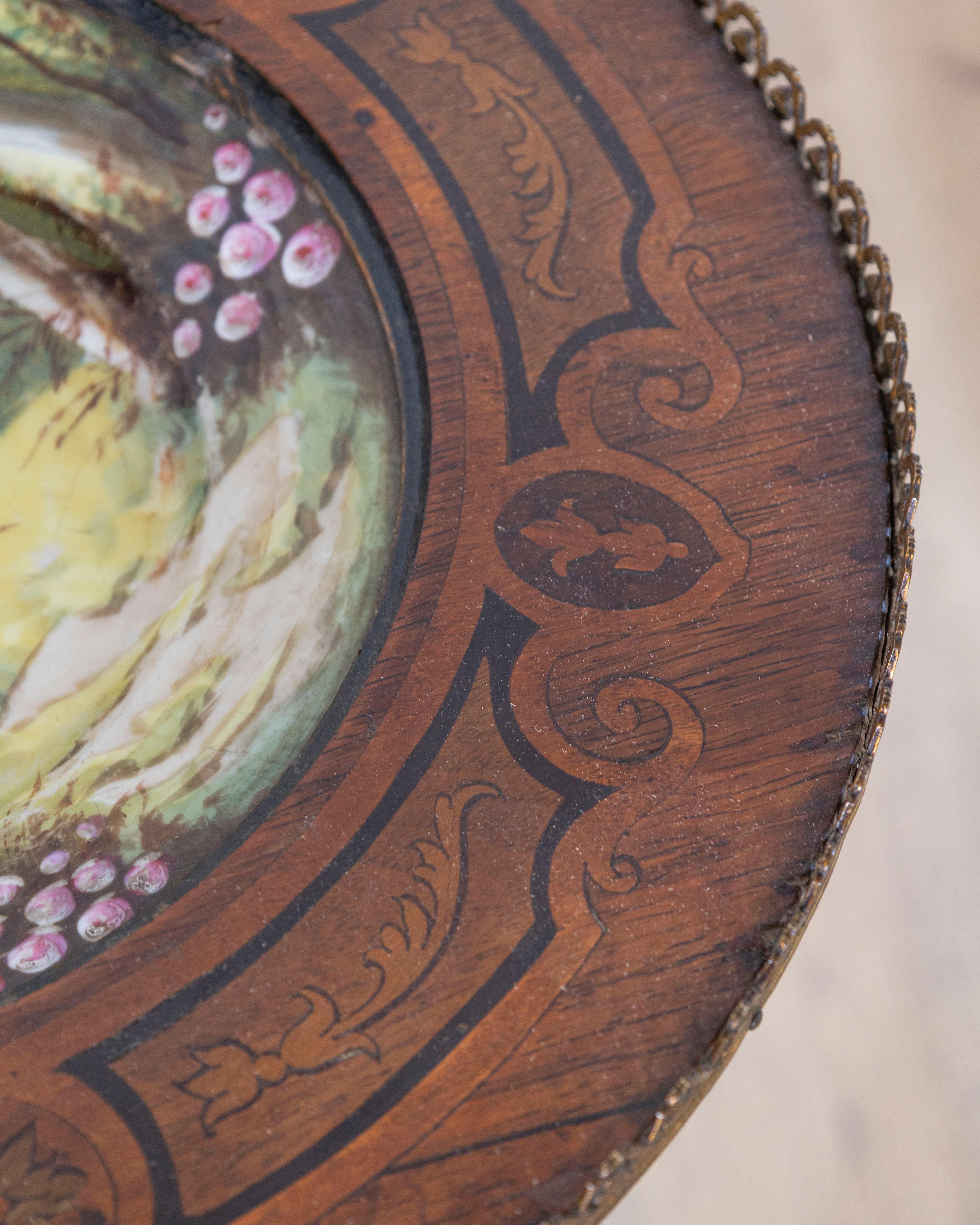 Napoleon III Pedestal Table with Marquetry and Painted Earthenware Basin, France For Sale 3