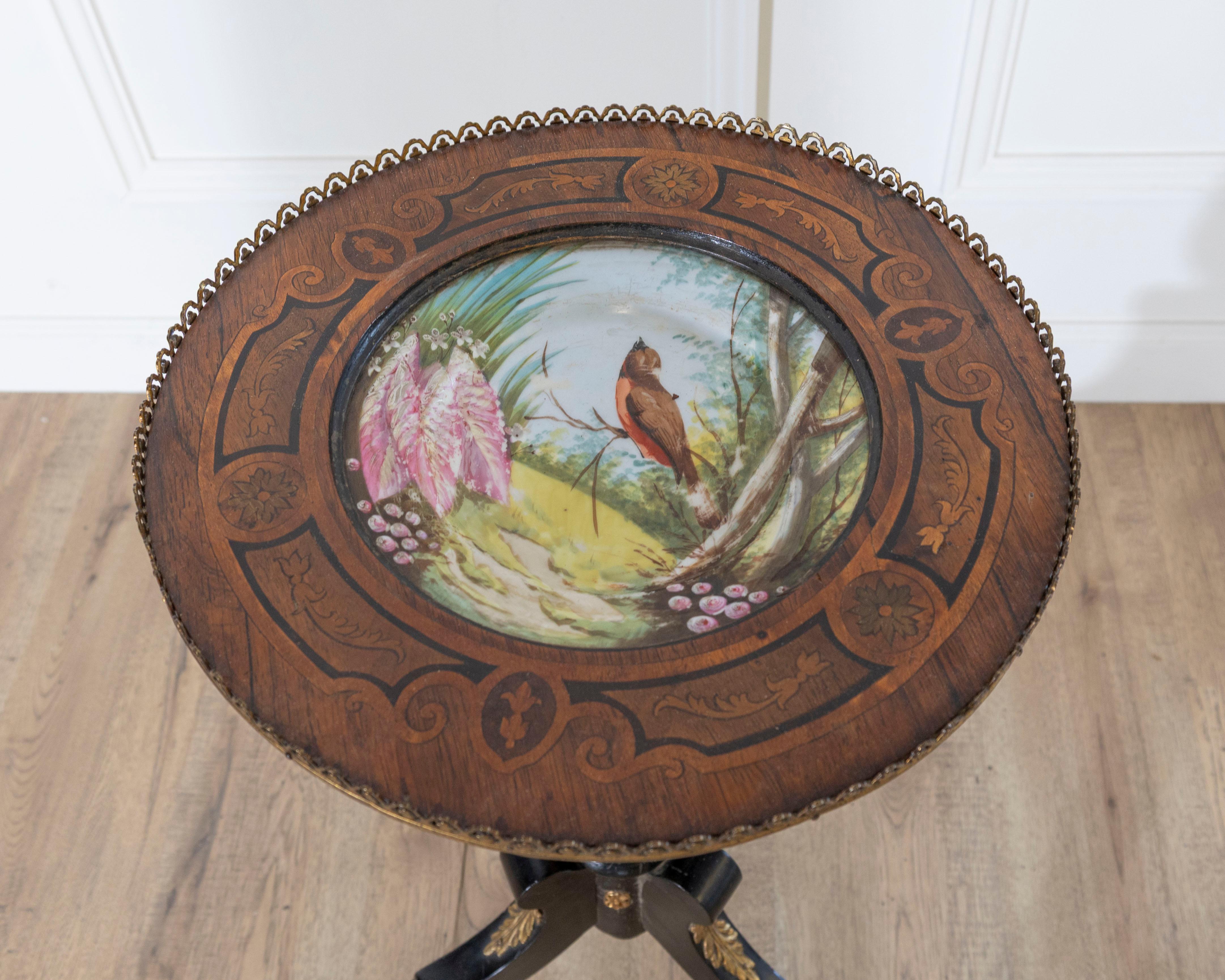 Napoleon III Pedestal Table with Marquetry and Painted Earthenware Basin, France For Sale 4