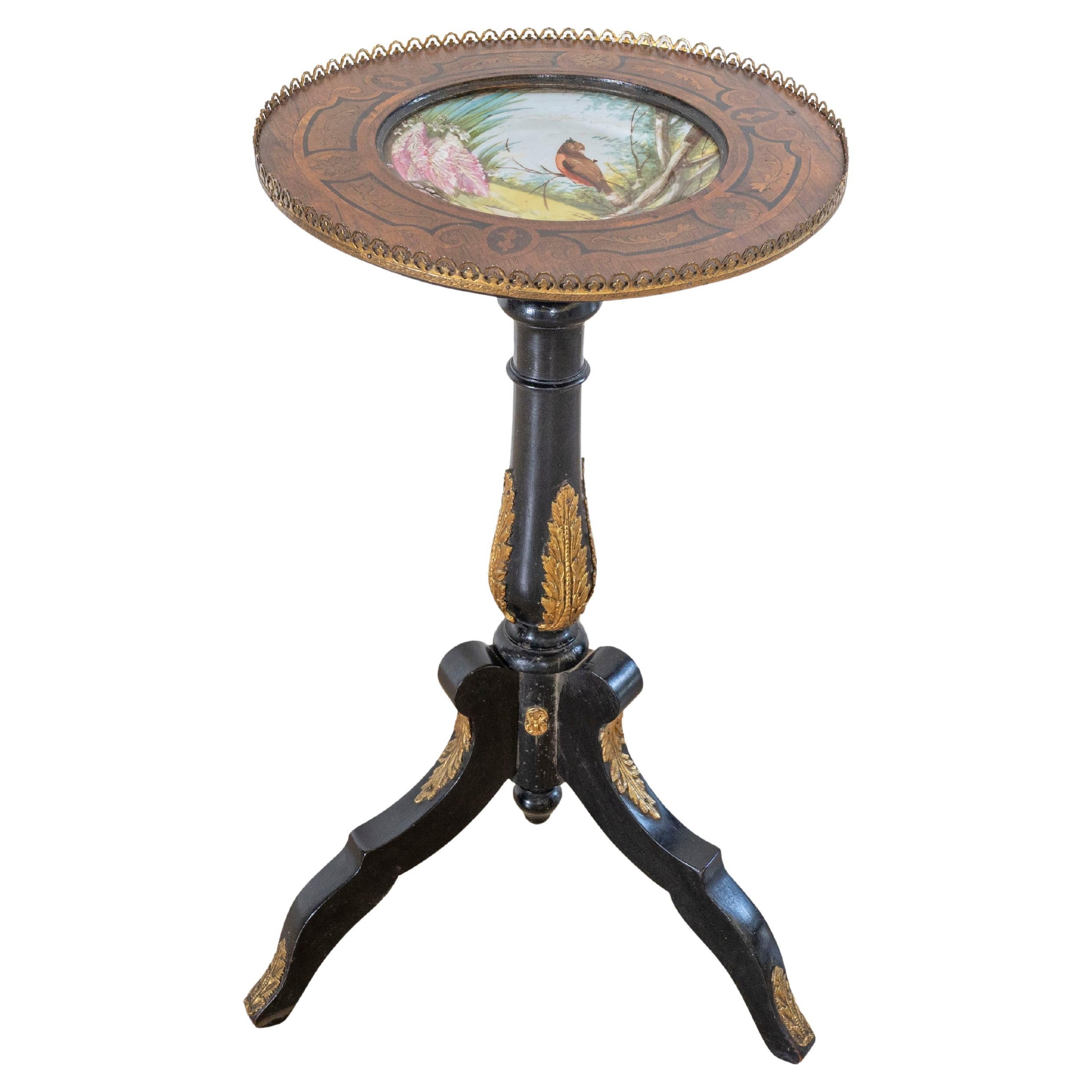 Napoleon III Pedestal Table with Marquetry and Painted Earthenware Basin, France For Sale