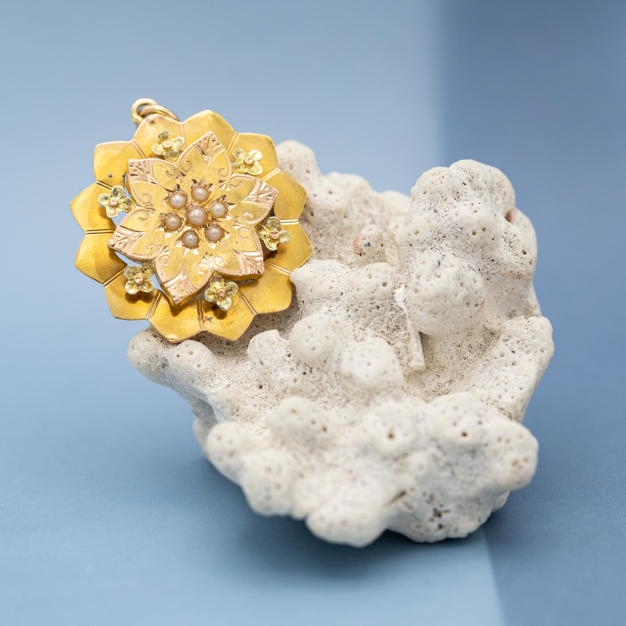 We are happy to introduce you to this work of art from the Napoleon III period during the late 19th century, also known as the late Victorian period. This pendant was originally a collar brooch. This charm is crafted 18 K solid gold and features