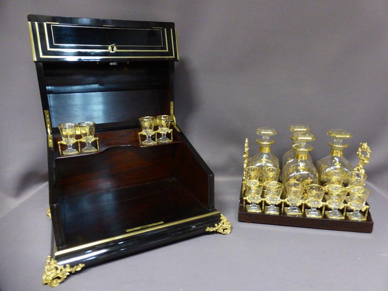 French Napoleon III Period Blackened Pearwood, Bronze and Glass Liquor Cellar For Sale