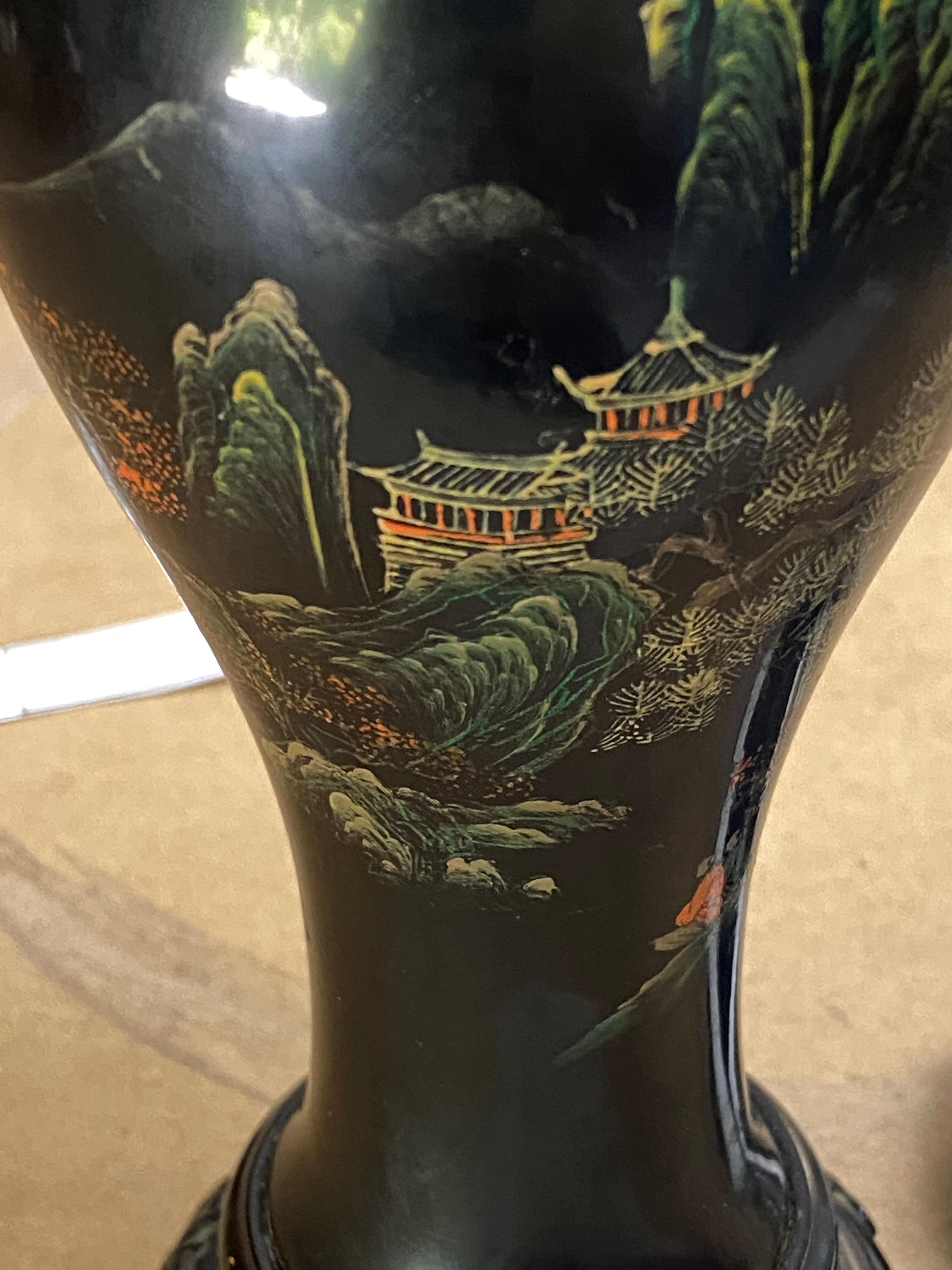 Chinese Export Napoleon III Period, Chinese Black Lacquered Vase, Hand Painted, China