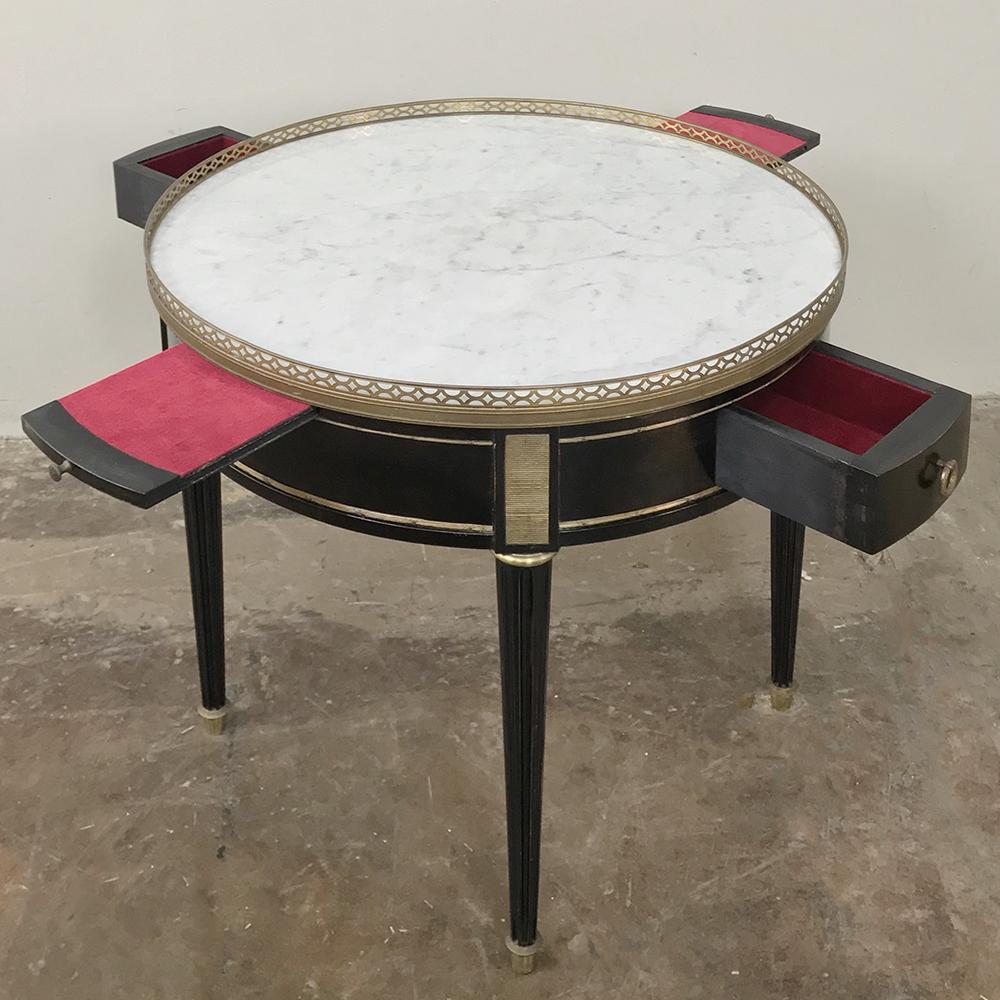 Napoleon III Period ebonized marble top gueridon - lamp table is also a good choice as a game table with two pullout / pull-out drawers and two pullout / pull-out surface extensions covered in felt. Beautiful Carrara marble on top is framed by a