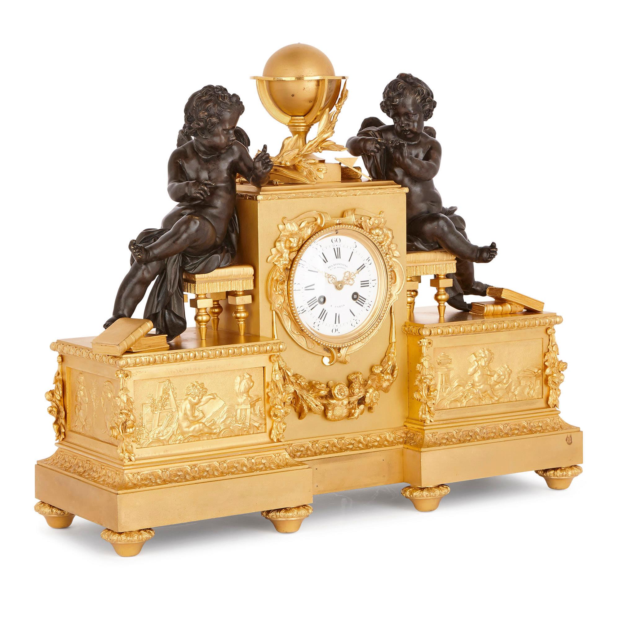 The acclaimed French bronze foundry, Delafontaine, created this remarkable mantel clock. At the time this piece was crafted, in c.1860, the company was directed by Auguste-Maximilien Delafontaine (1813-1892). The firm was famous for its high-quality