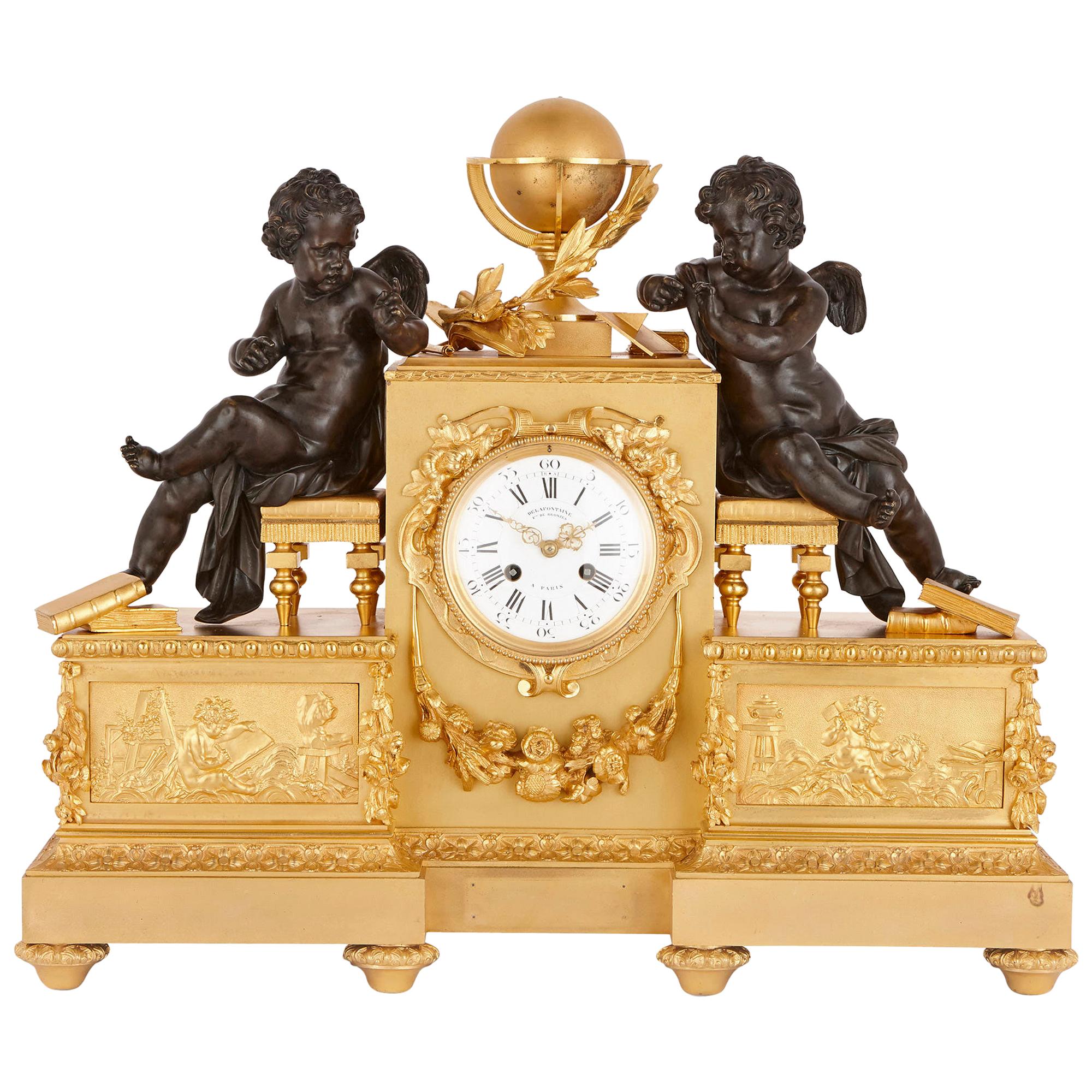 Orologio in bronzo dorato e patinato del periodo Napoleone III di Delafontaine