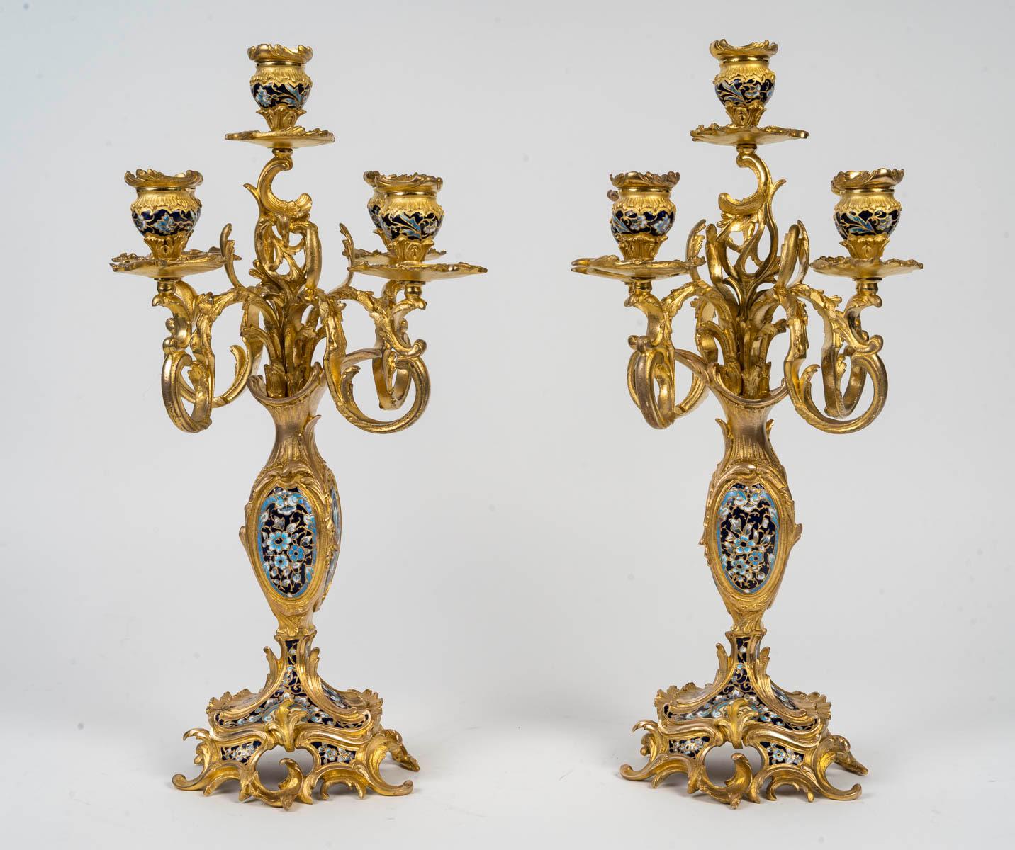 Napoleon III Period Gilt Bronze and Enamelled Mantel Set, 19th Century. For Sale 5