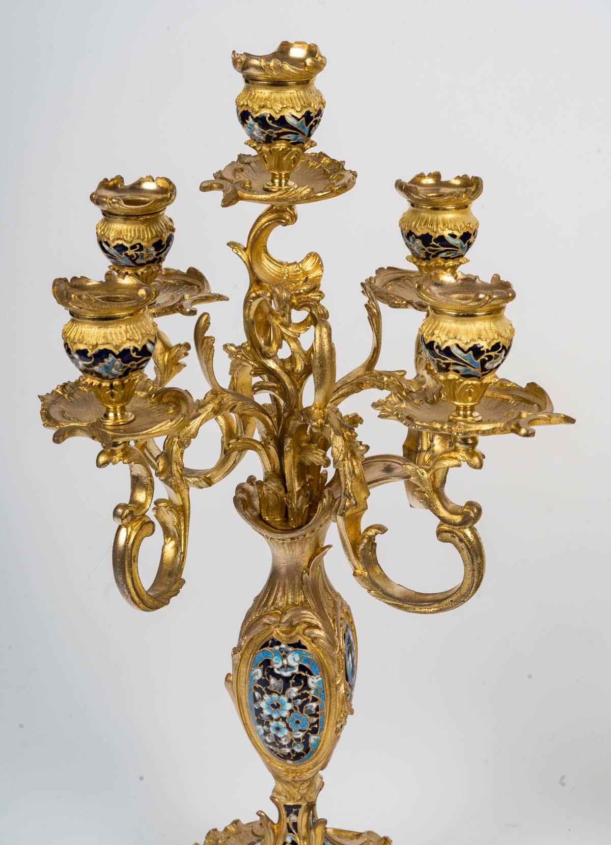Napoleon III Period Gilt Bronze and Enamelled Mantel Set, 19th Century. For Sale 6