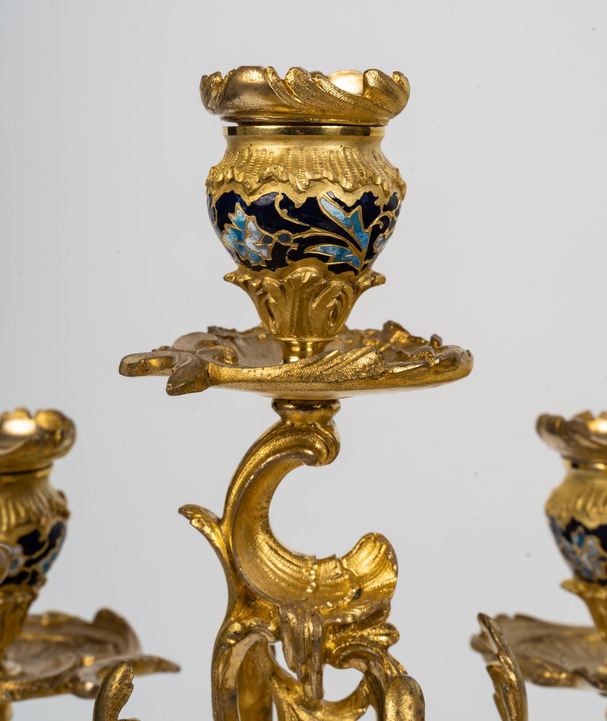 Napoleon III Period Gilt Bronze and Enamelled Mantel Set, 19th Century. For Sale 7