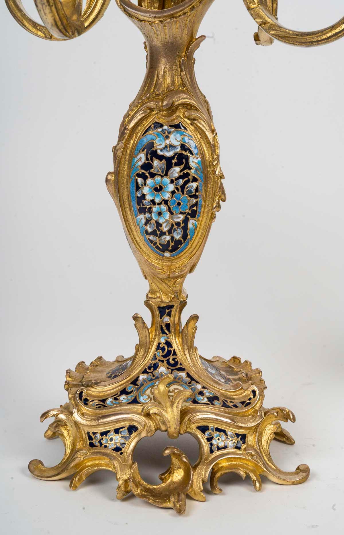 Napoleon III Period Gilt Bronze and Enamelled Mantel Set, 19th Century. For Sale 8