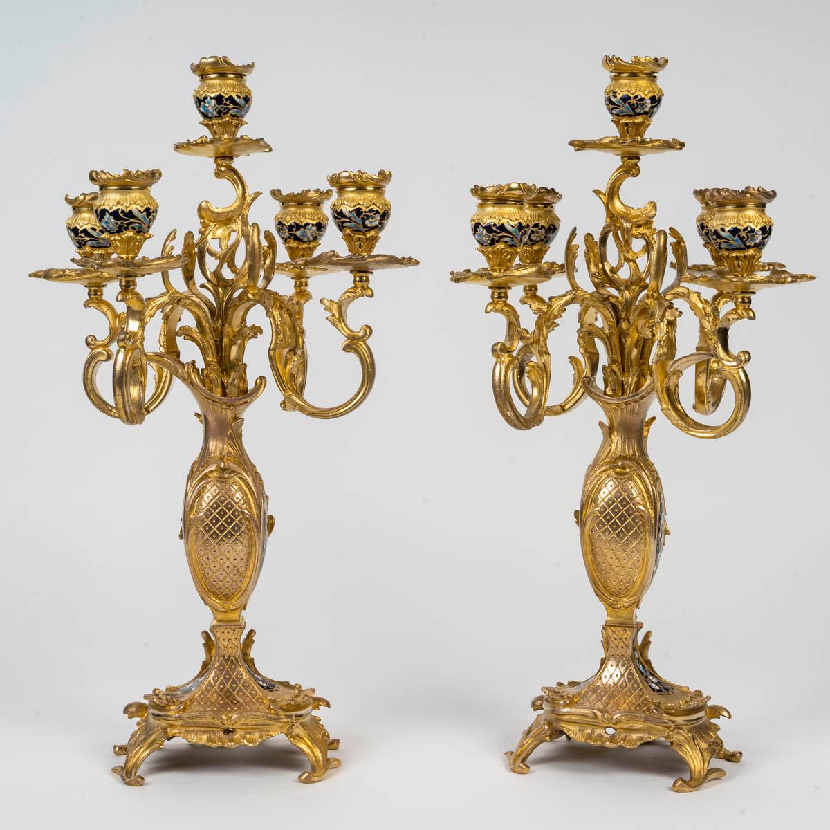 Napoleon III Period Gilt Bronze and Enamelled Mantel Set, 19th Century. For Sale 9