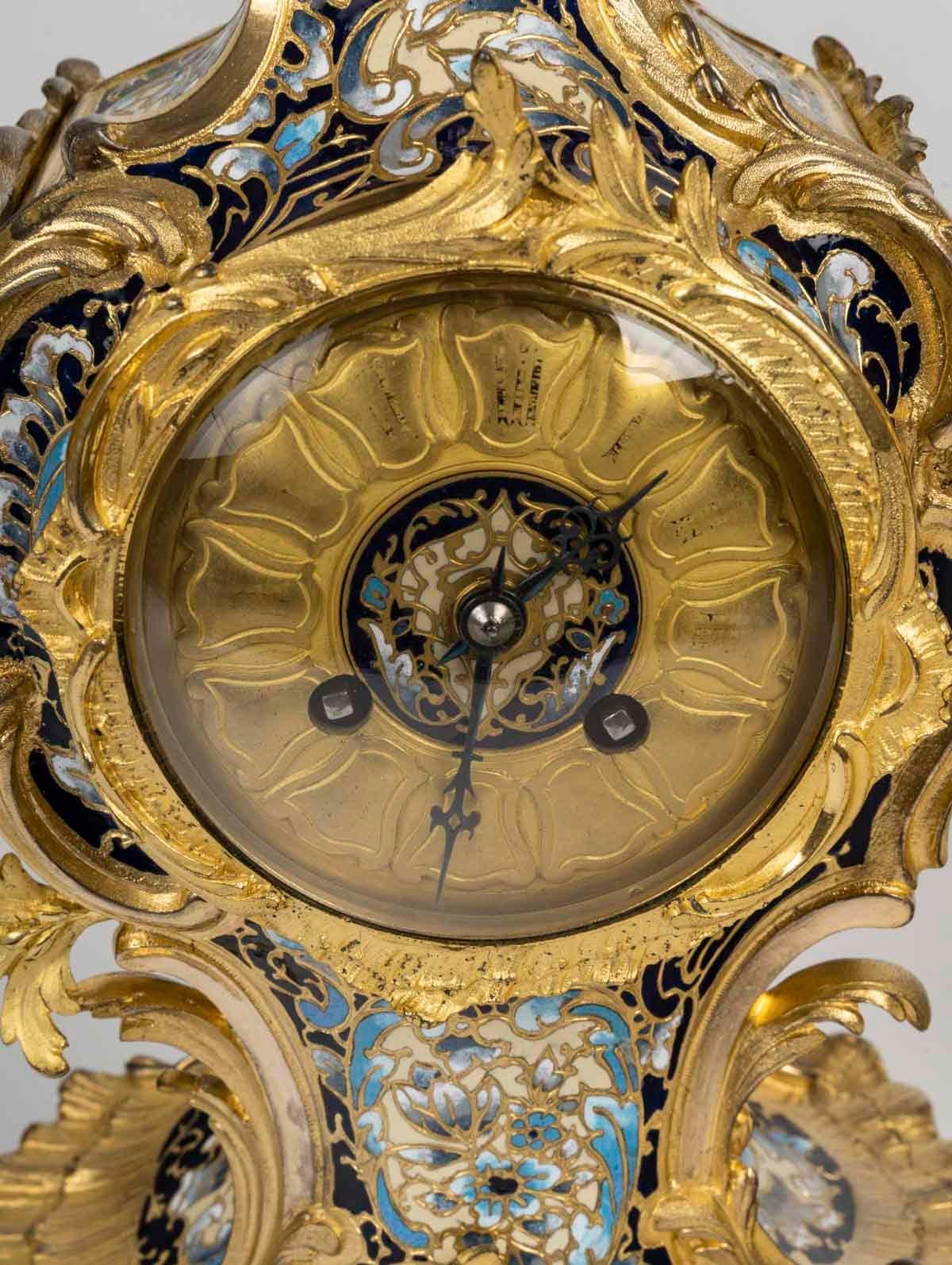 French Napoleon III Period Gilt Bronze and Enamelled Mantel Set, 19th Century. For Sale