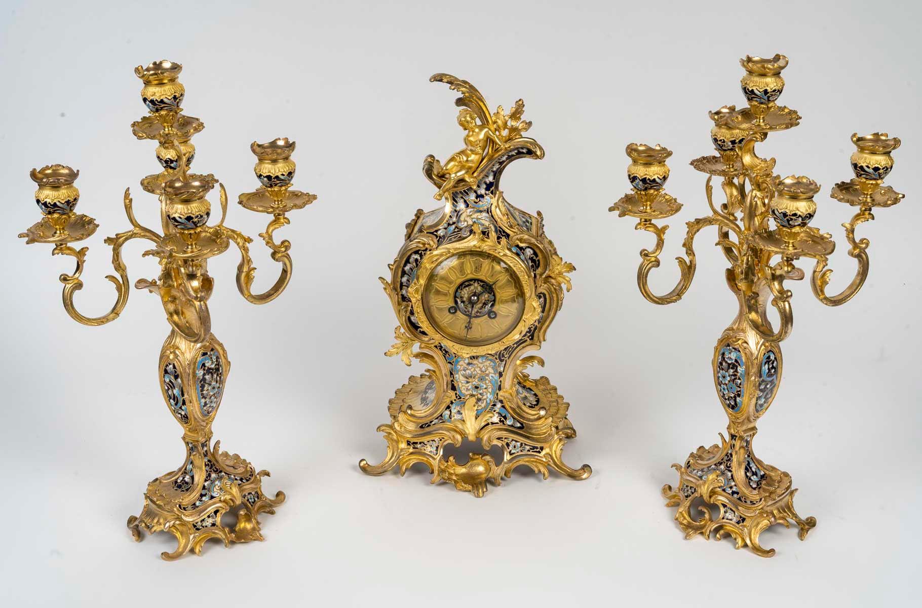 Napoleon III Period Gilt Bronze and Enamelled Mantel Set, 19th Century. For Sale 1