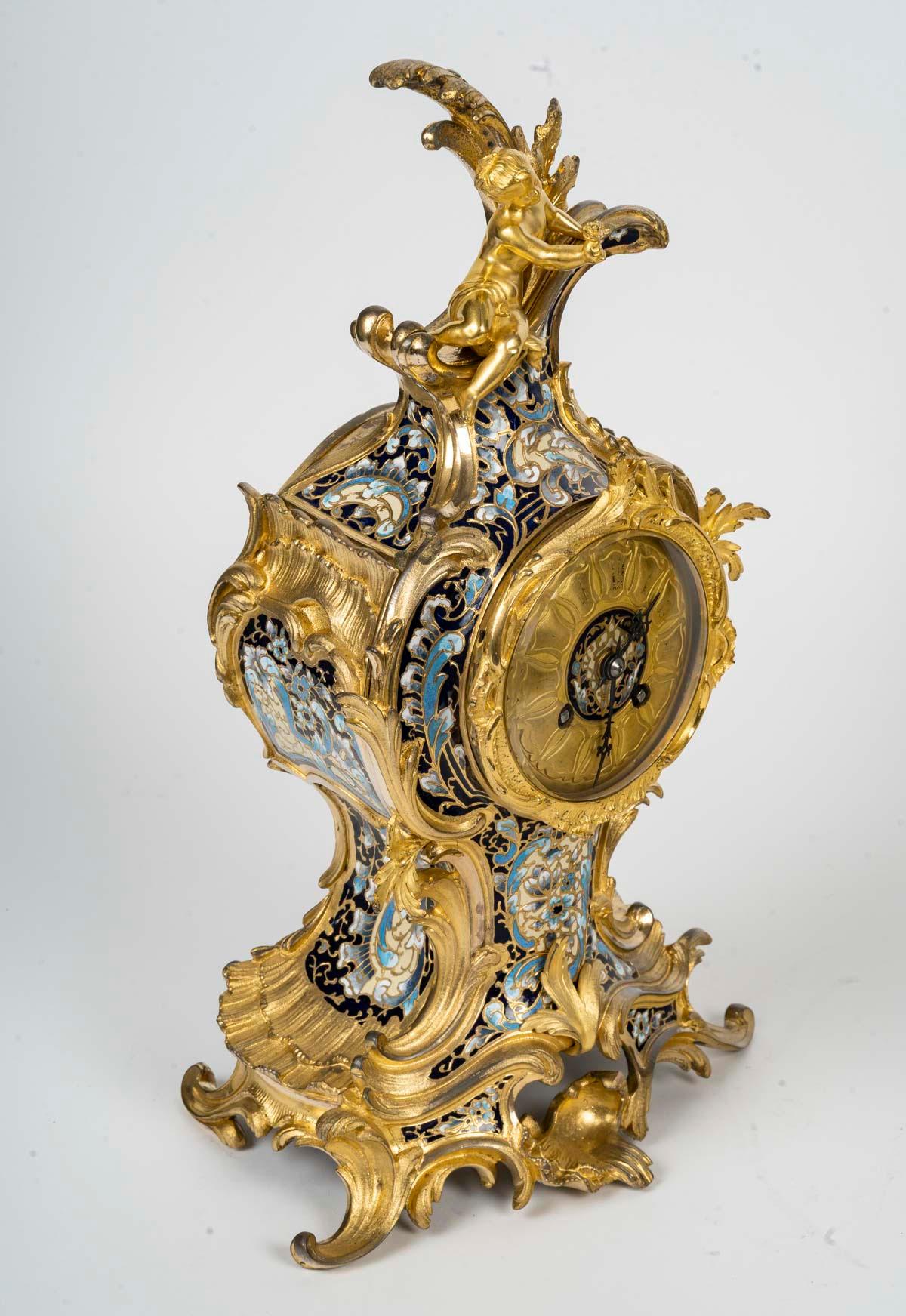 Napoleon III Period Gilt Bronze and Enamelled Mantel Set, 19th Century. For Sale 2