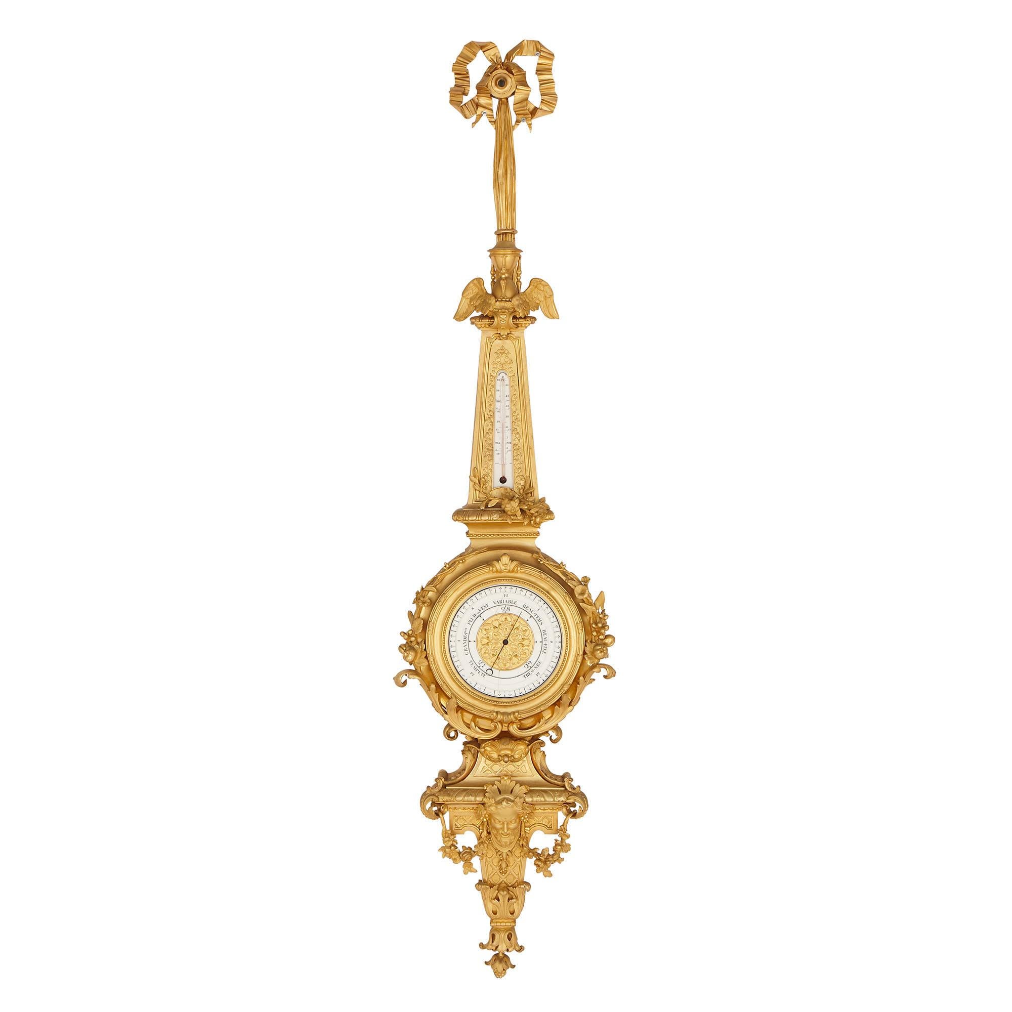 French Napoleon III Period Gilt Bronze Clock and Barometer, Attributed to Raingo Frères For Sale