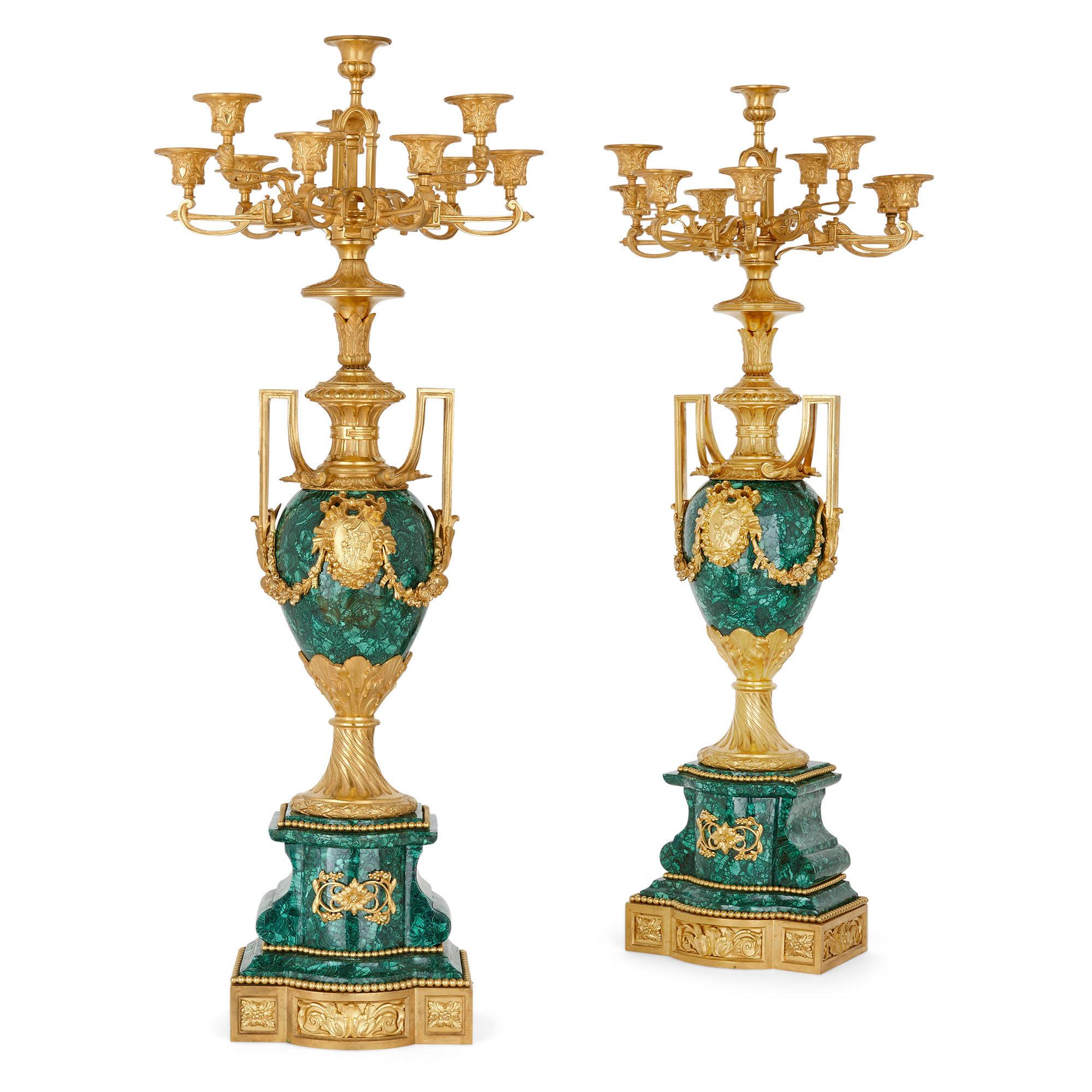 Napoleon III Period Neoclassical Malachite and Gilt Bronze Clock Set by Picard In Good Condition For Sale In London, GB