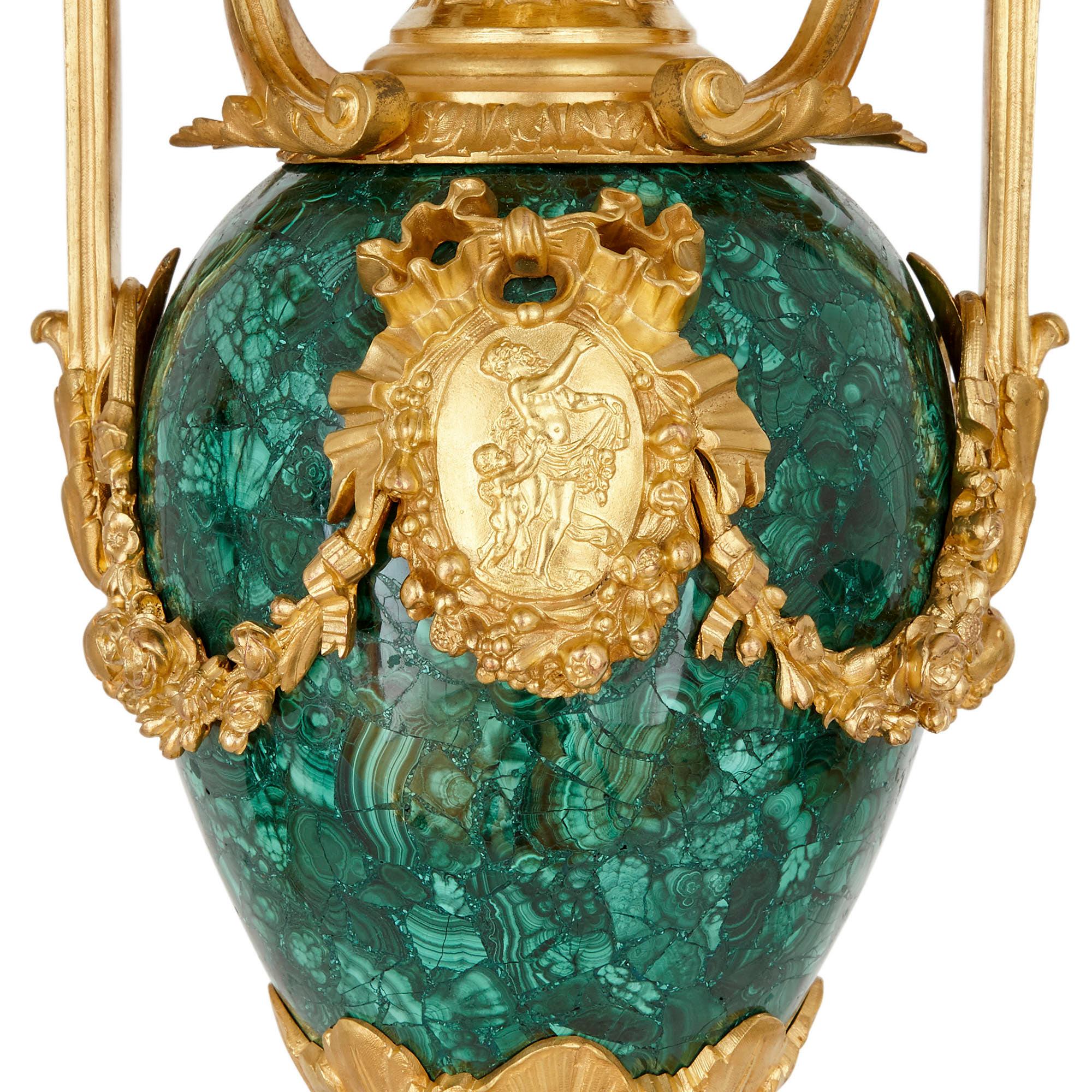 19th Century Napoleon III Period Neoclassical Malachite and Gilt Bronze Clock Set by Picard For Sale