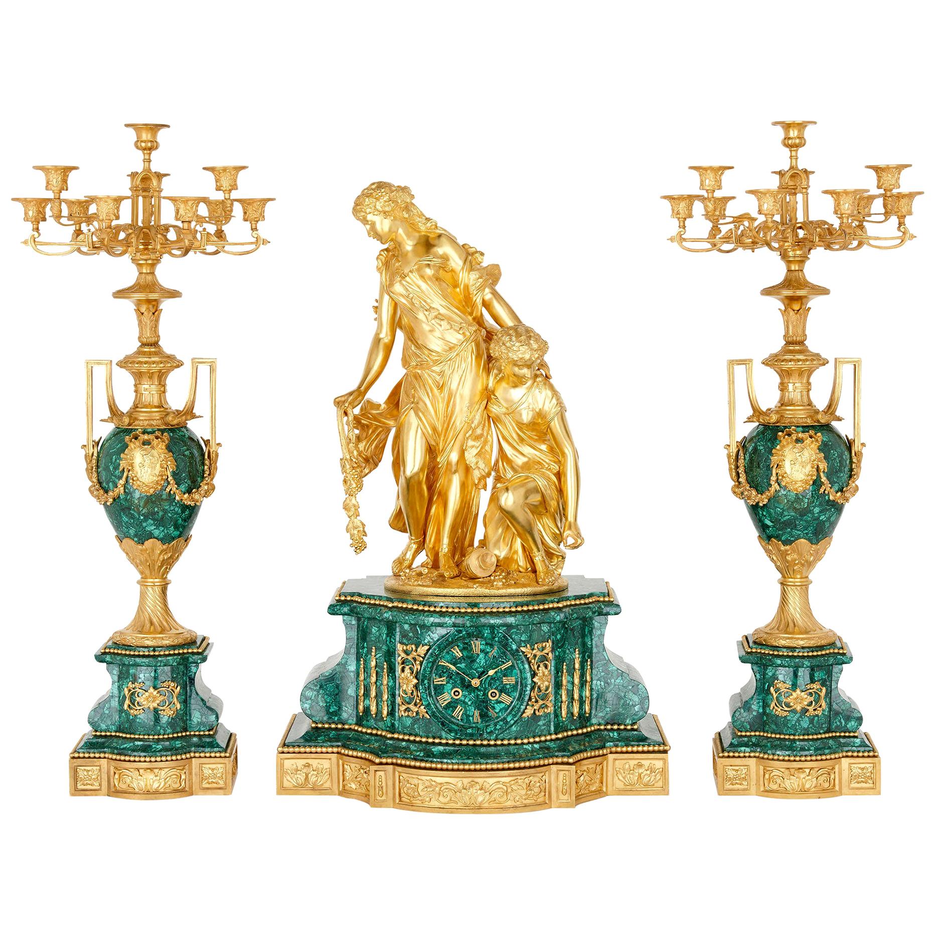 Napoleon III Period Neoclassical Malachite and Gilt Bronze Clock Set by Picard