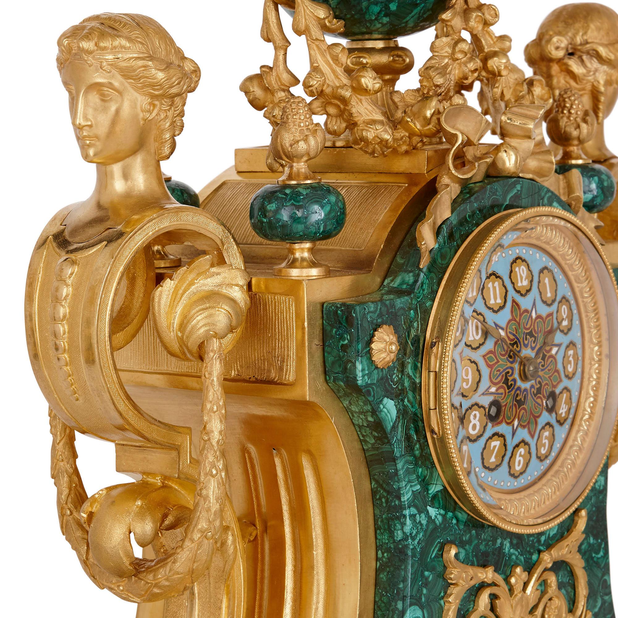 Champlevé Napoleon III Period Neoclassical Style Three-Piece Clock Set For Sale
