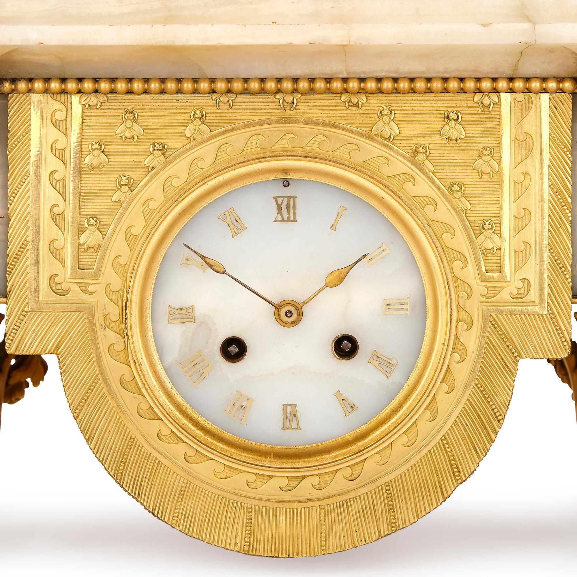 Neoclassical Napoleon III Period Onyx and Gilt Bronze Clock Set For Sale