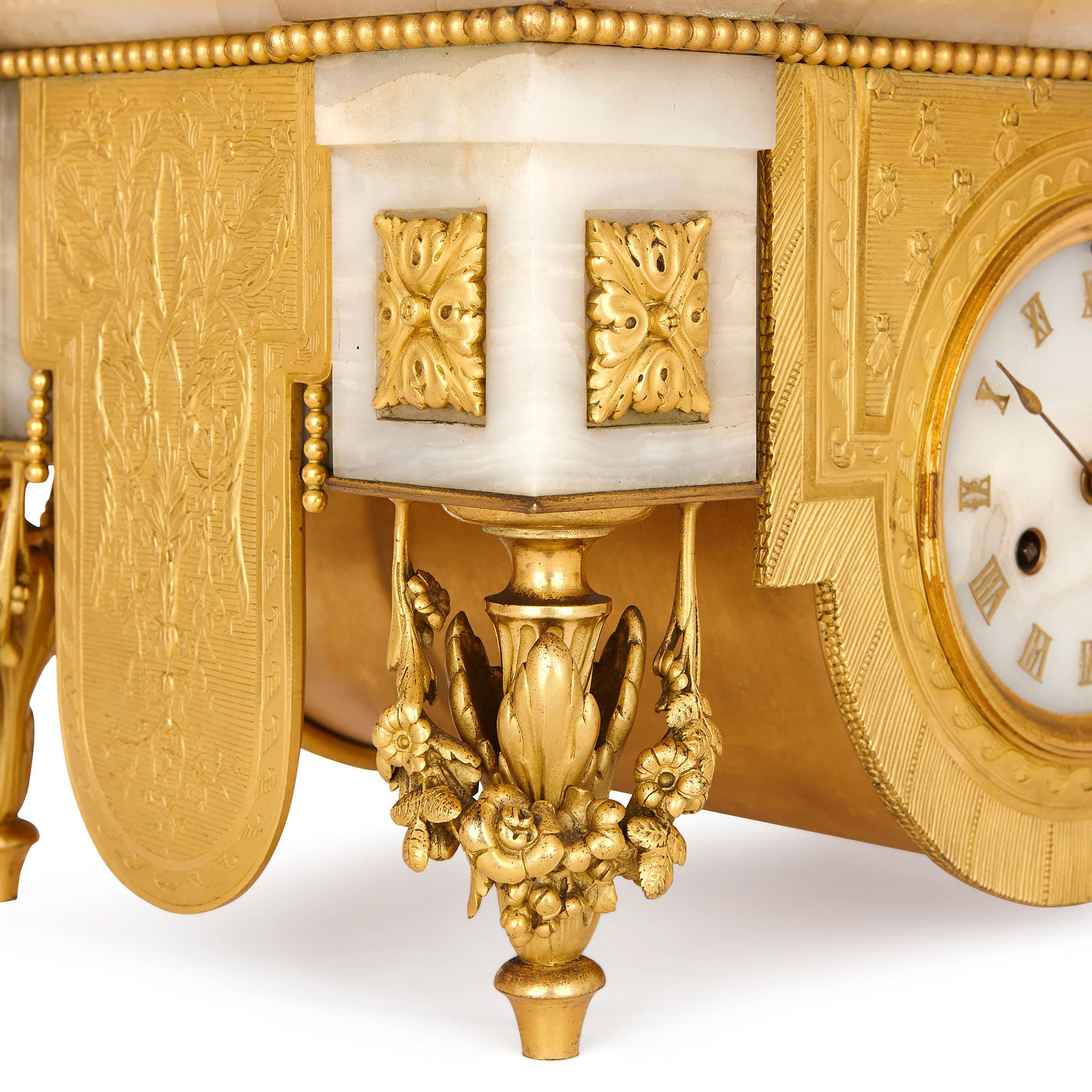 French Napoleon III Period Onyx and Gilt Bronze Clock Set For Sale