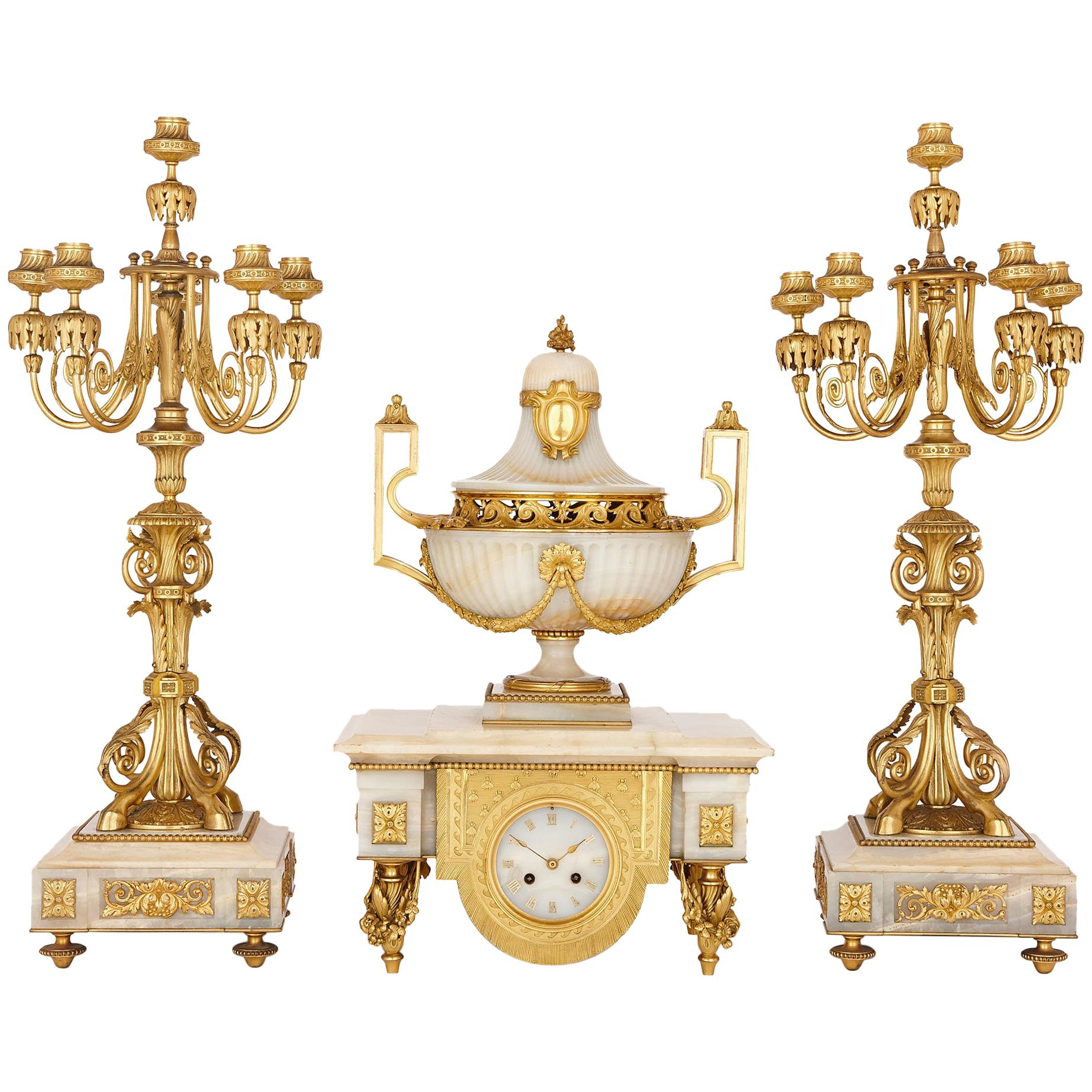 Napoleon III Period Onyx and Gilt Bronze Clock Set