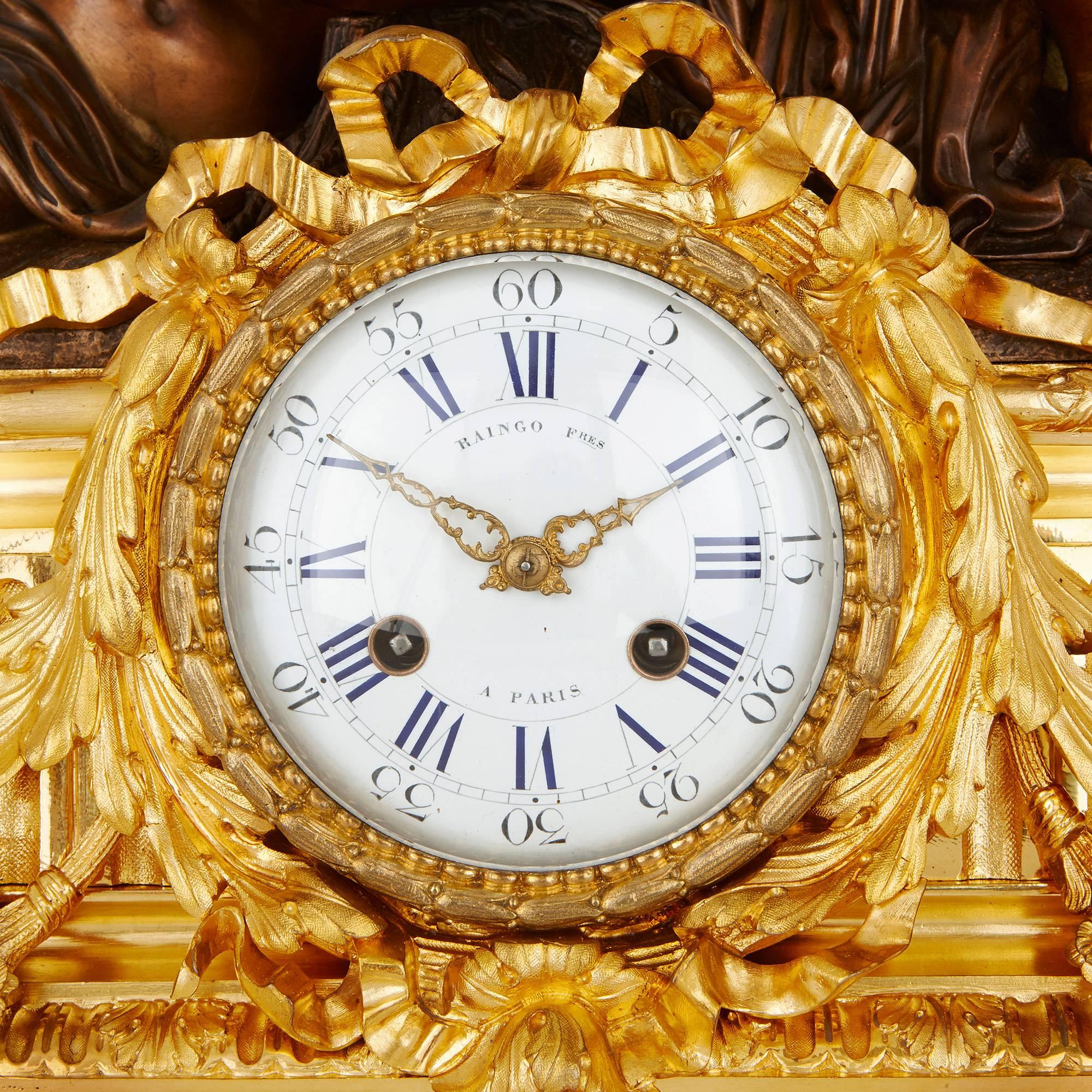 This magnificent clock set is the work of celebrated French maker Henri Picard, who collaborated on this fine piece together with the famous firm of clockmakers, Raingo Freres. Both workshops were leading makers of the 19th century, and their union