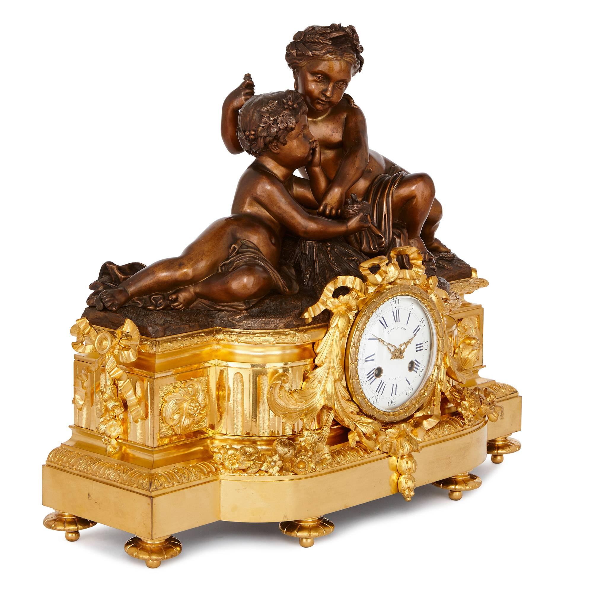 Neoclassical Napoleon III Period Ormolu and Patinated Bronze Clock Set by Picard For Sale
