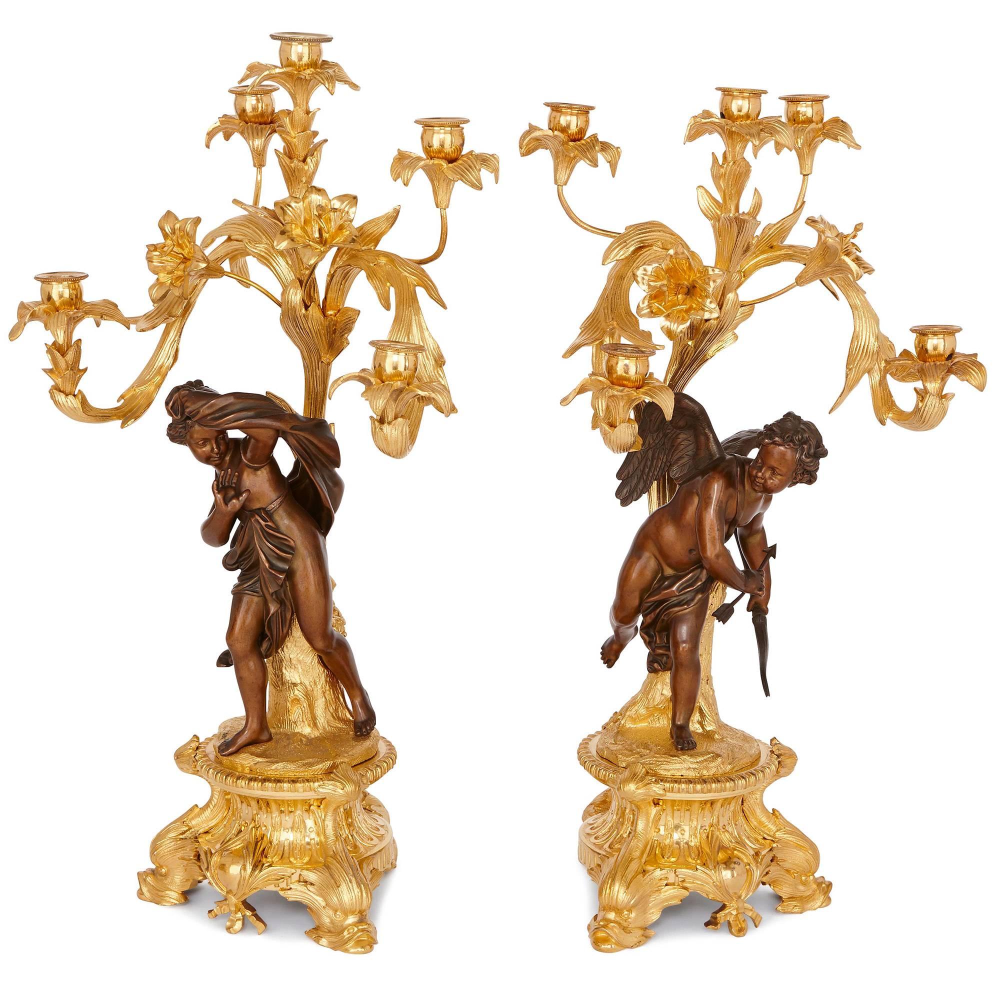 Napoleon III Period Ormolu and Patinated Bronze Clock Set by Picard In Excellent Condition For Sale In London, GB