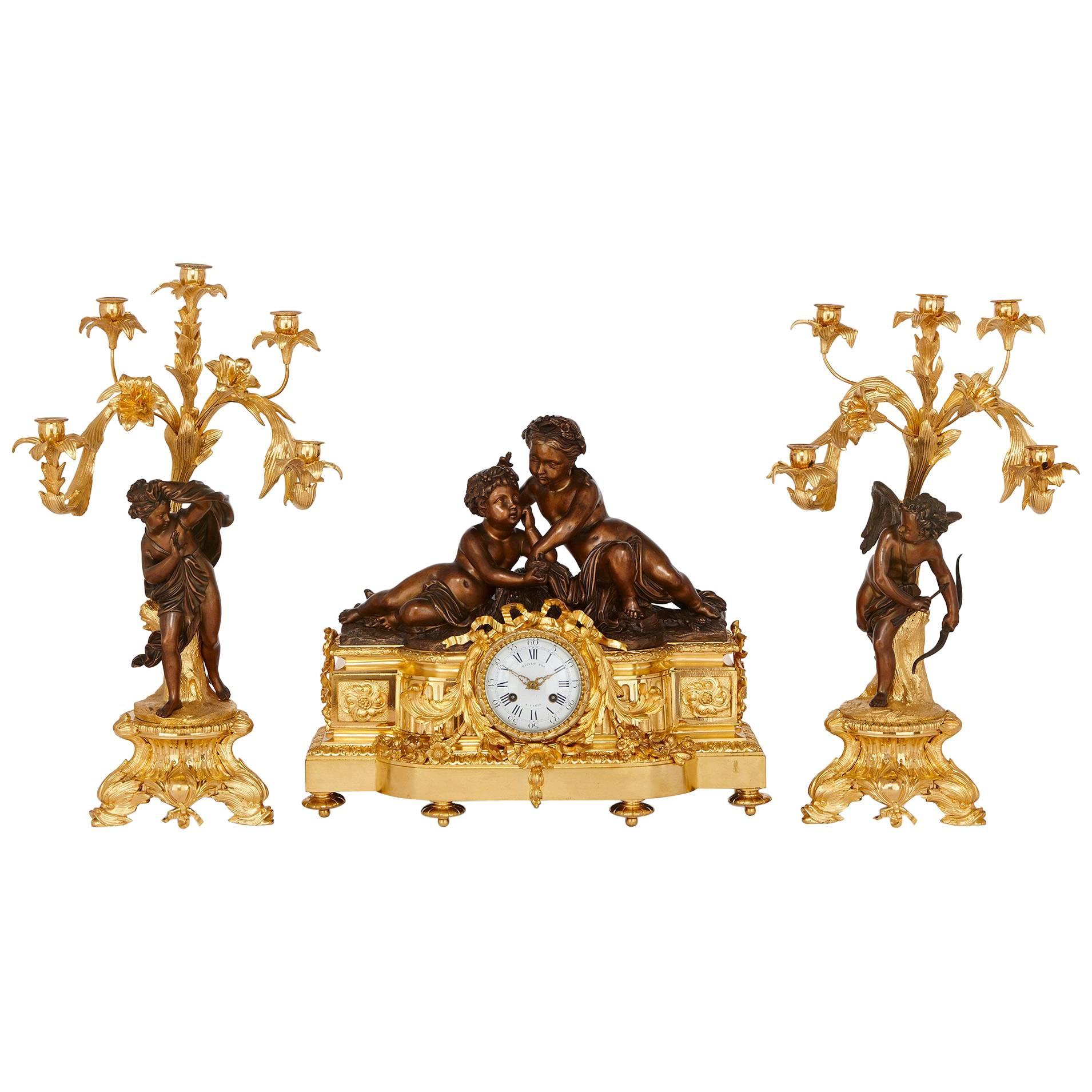 Napoleon III Period Ormolu and Patinated Bronze Clock Set by Picard For Sale