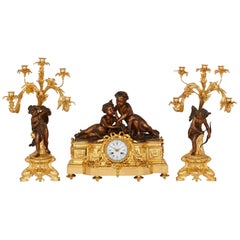 Napoleon III Period Ormolu and Patinated Bronze Clock Set by Picard