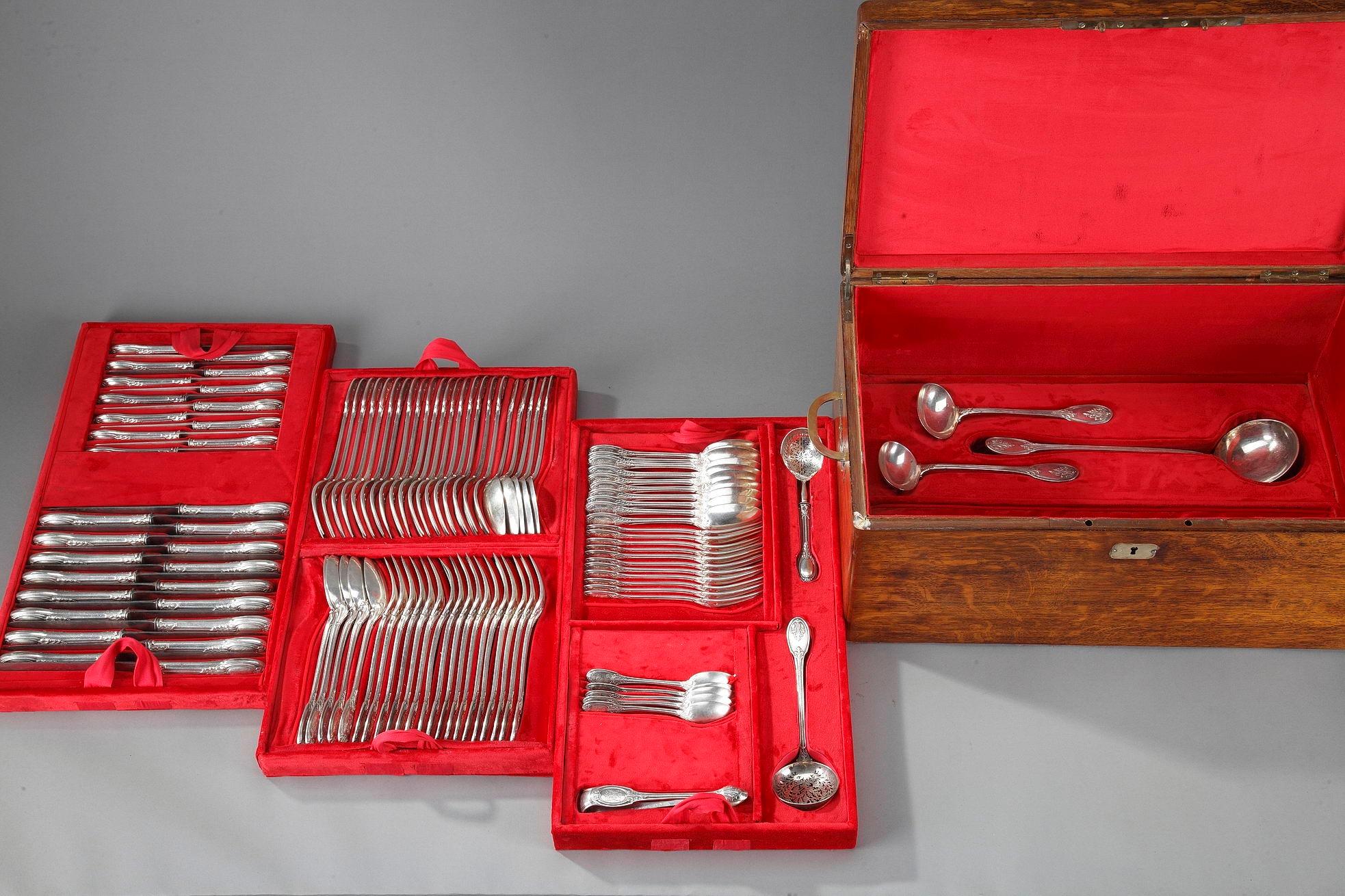 This 109-piece silver flatware service was crafted by the legendary silversmith Odiot in Paris. The set includes an array of sumptuous serving pieces. The service boasts an elegant decoration of acanthus leaves and small pearls.

The set
