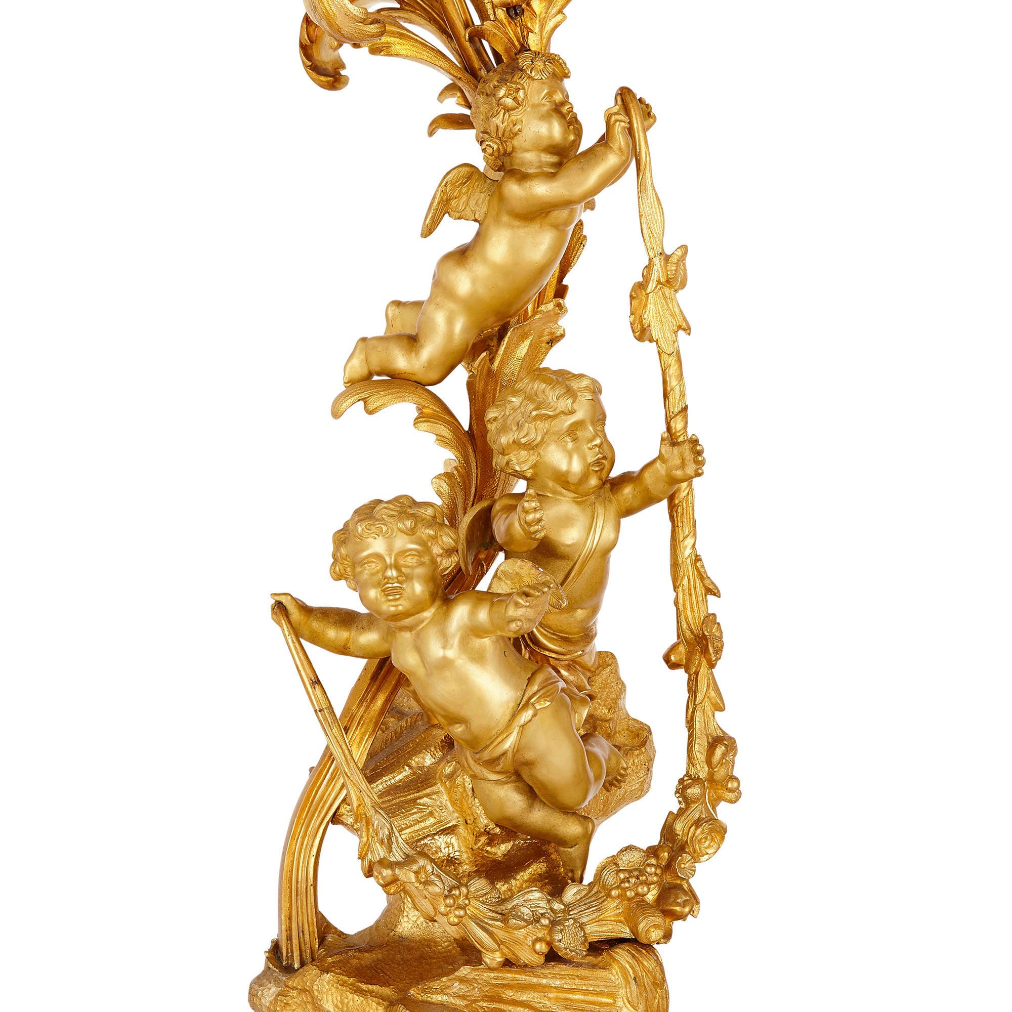 Napoleon III Period Three-Piece Gilt Bronze Clock Set by Lerolle Frères For Sale 5