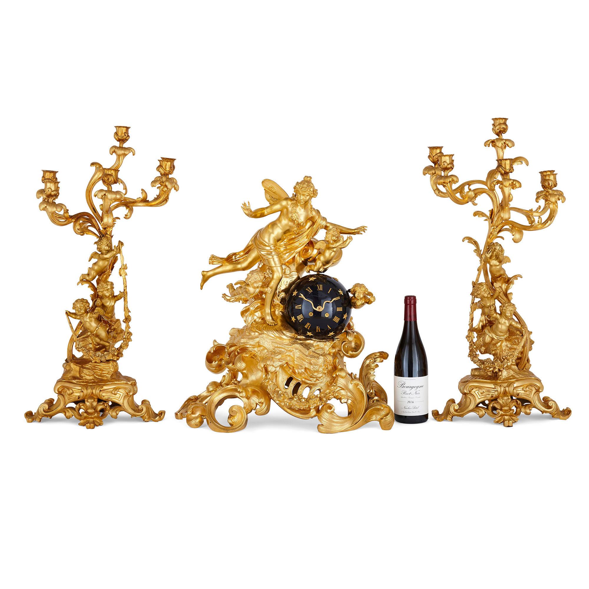 Napoleon III Period Three-Piece Gilt Bronze Clock Set by Lerolle Frères For Sale 7