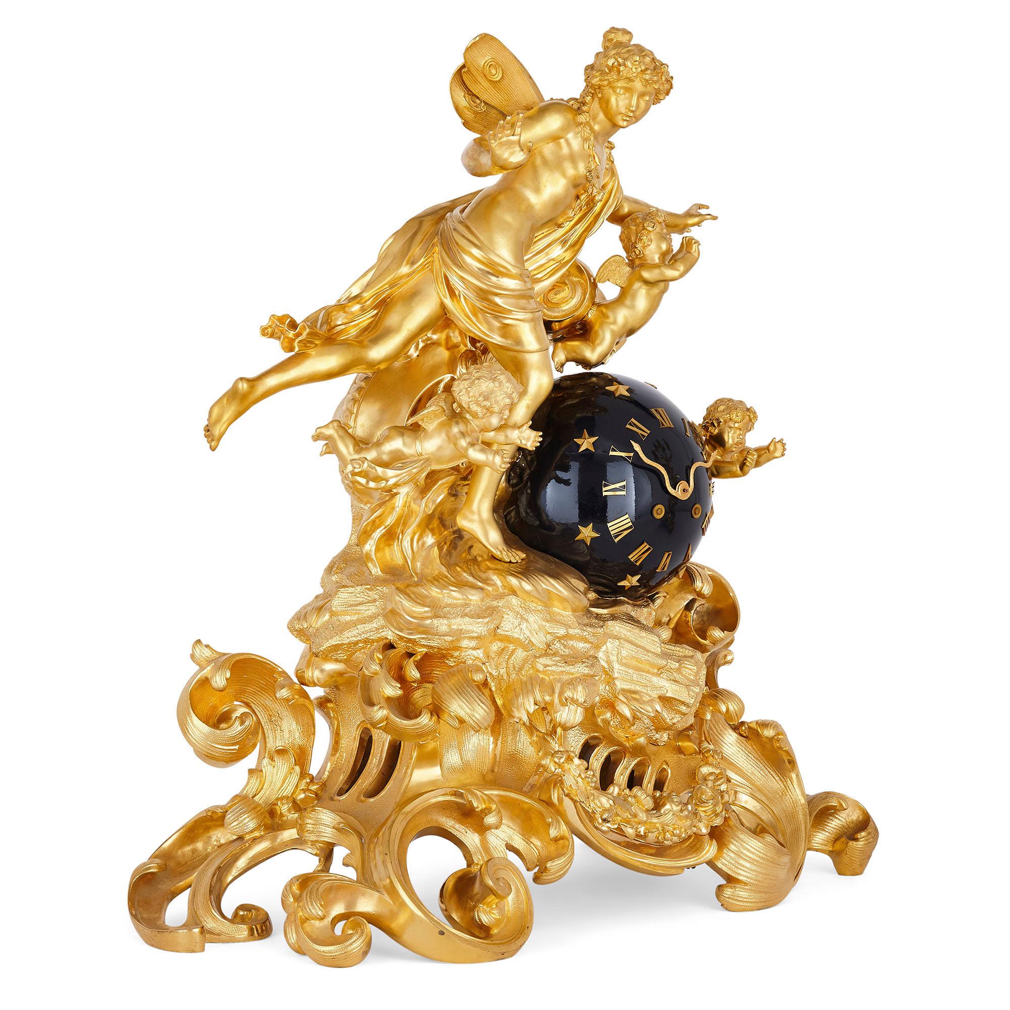 French Napoleon III Period Three-Piece Gilt Bronze Clock Set by Lerolle Frères For Sale