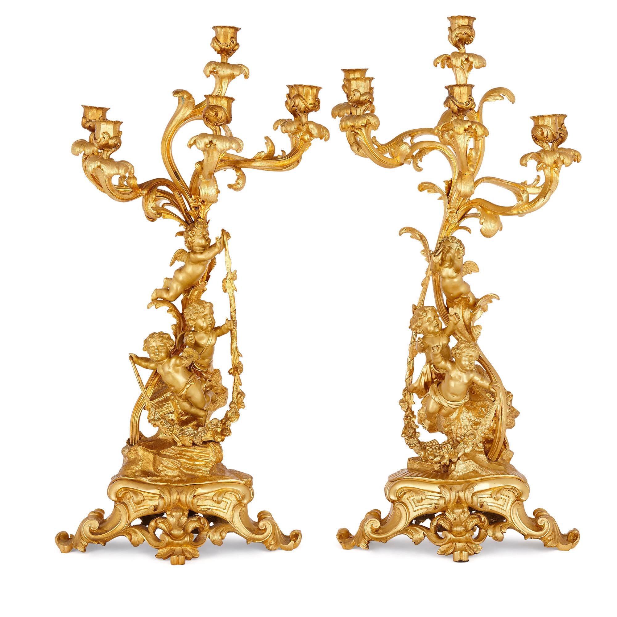 Napoleon III Period Three-Piece Gilt Bronze Clock Set by Lerolle Frères For Sale 3