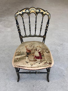 Napoleon III Style Petite Black Lacquer Tapestry Chair, France ON SALE
