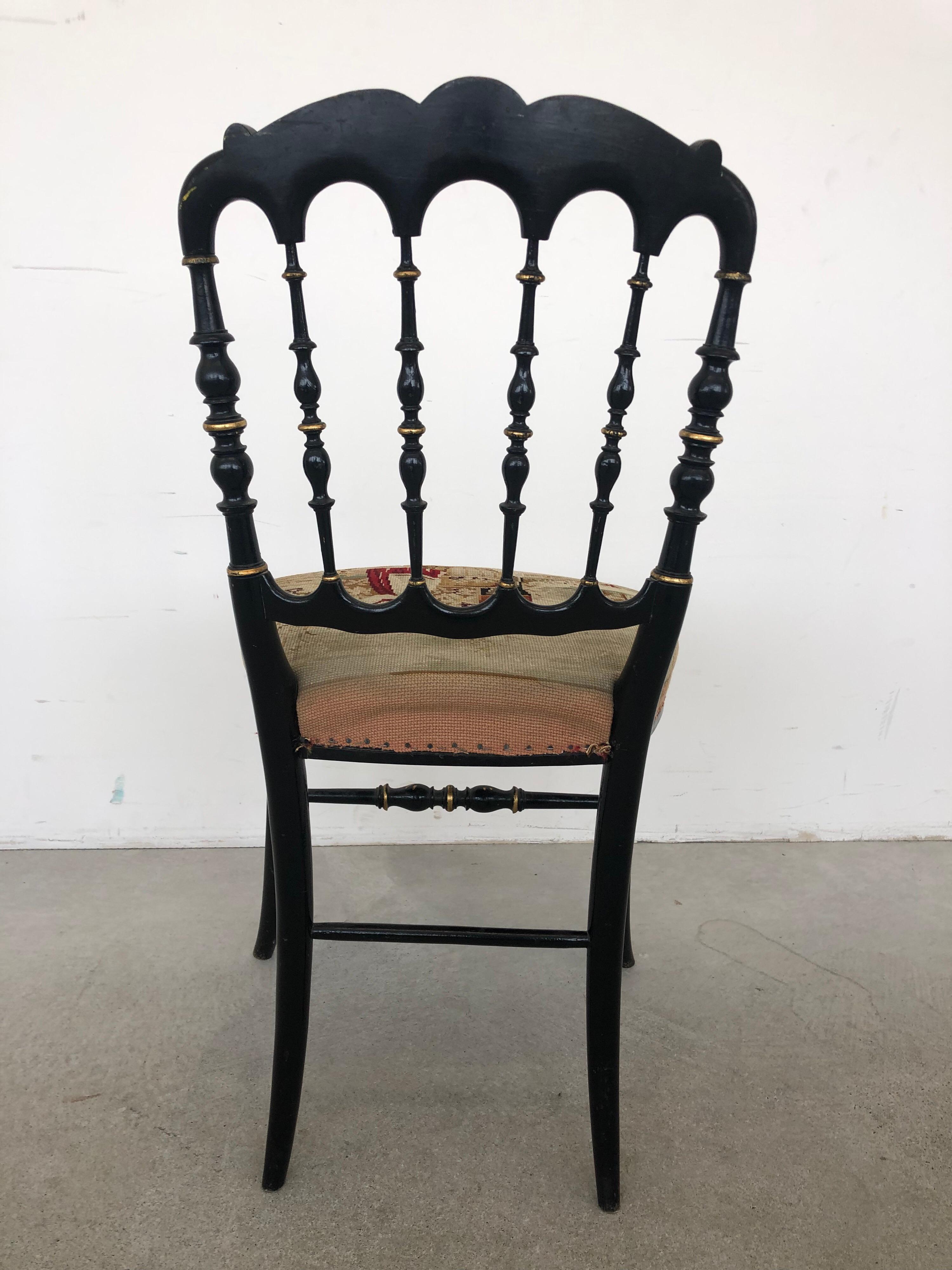 Late 19th Century Napoleon III Style Petite Black Lacquer Tapestry Chair, France ON SALE 