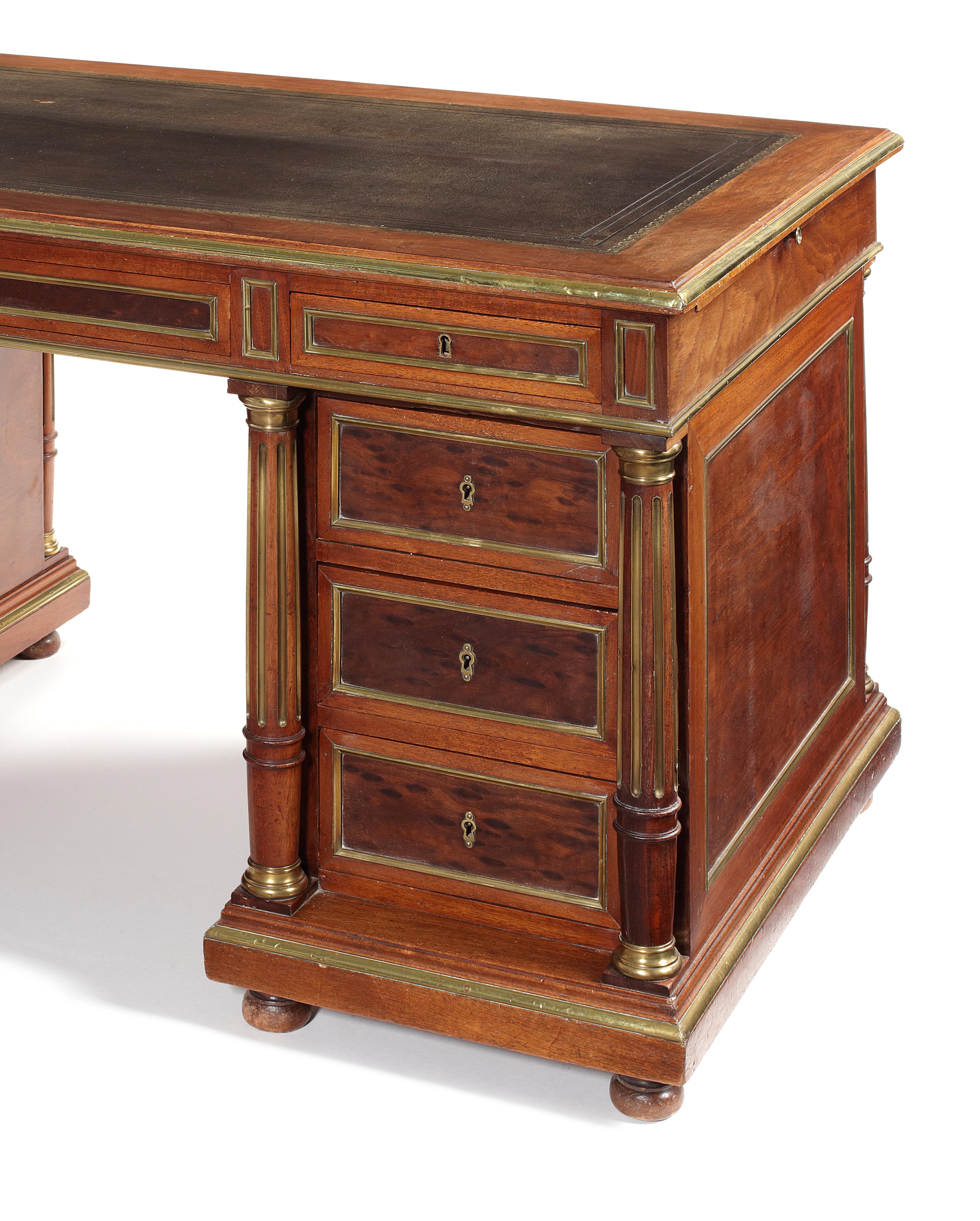 French 19th Century Napoleon III 'Plum Pudding' Mahogany and Brass Pedestal Desk