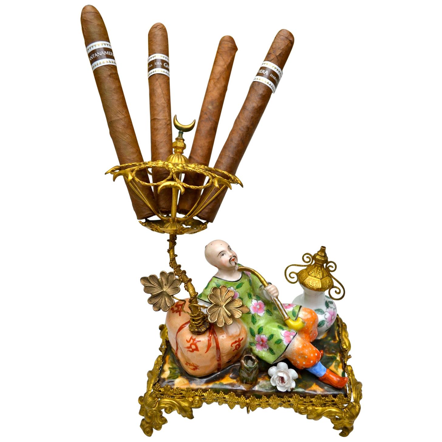Napoleon III Porcelain and Gilt Metal Chinoiserie Cigar Holder and Presenter