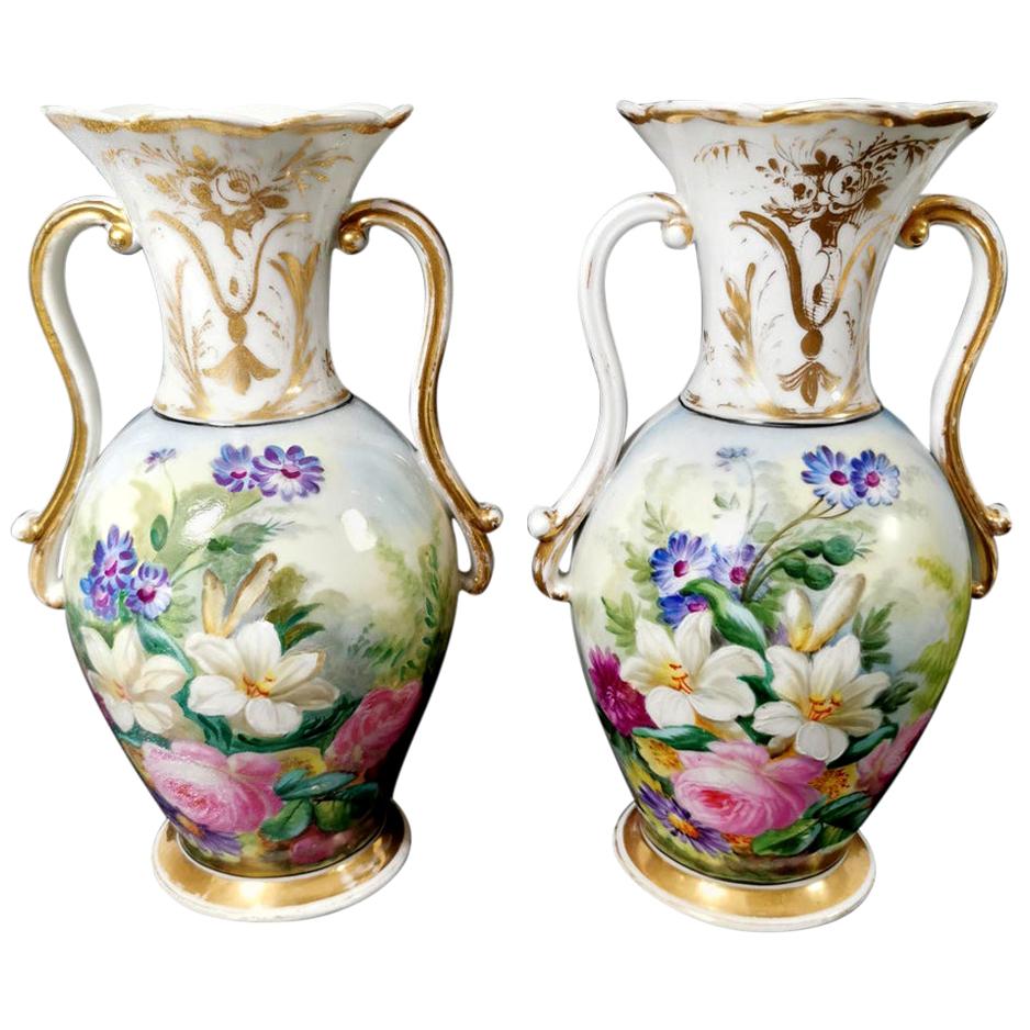 Napoleon III Porcelain de Paris French Pair of Vases Hand Painted