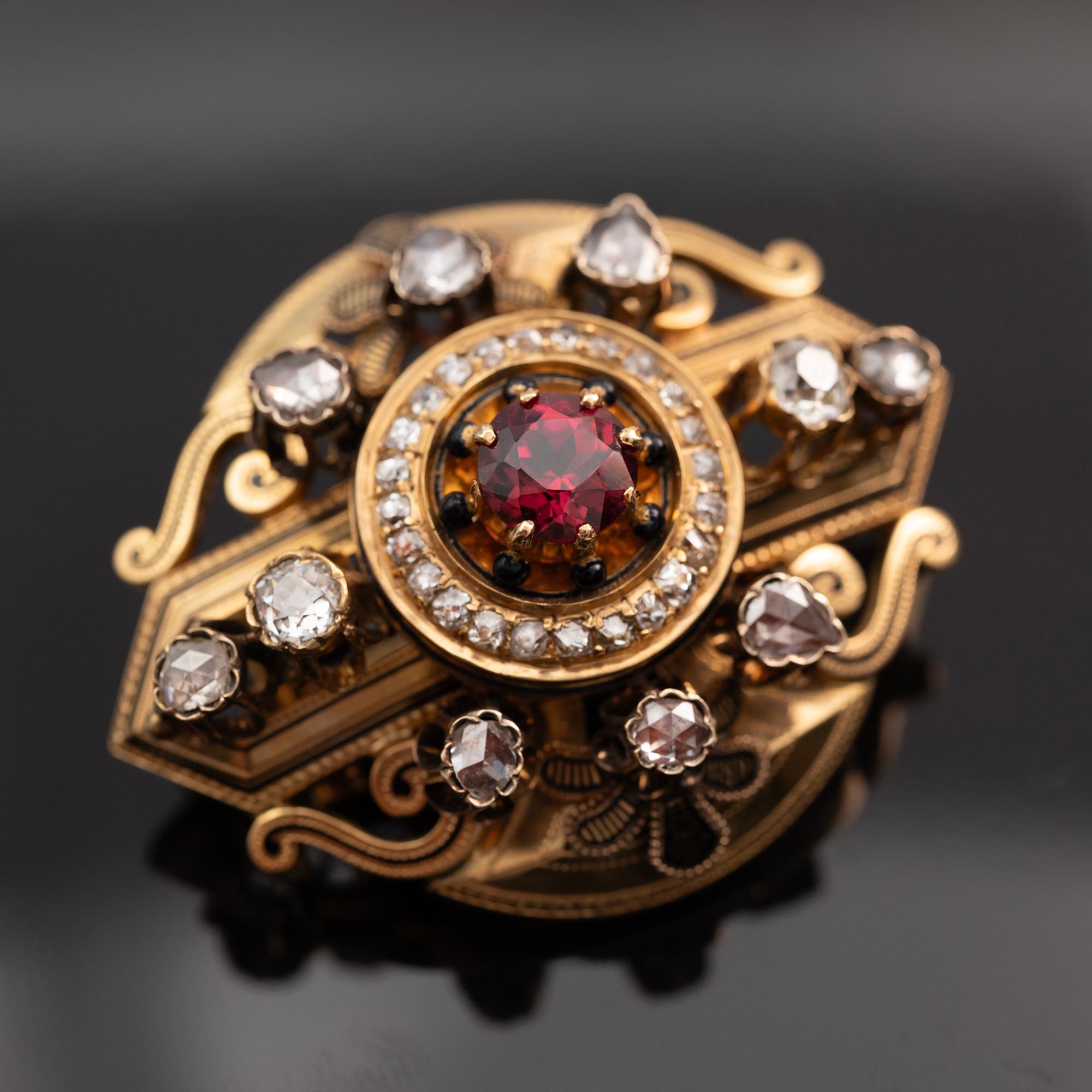 Napoleon III Rhodolite Garnet & Diamond Brooch Corte rosa en venta