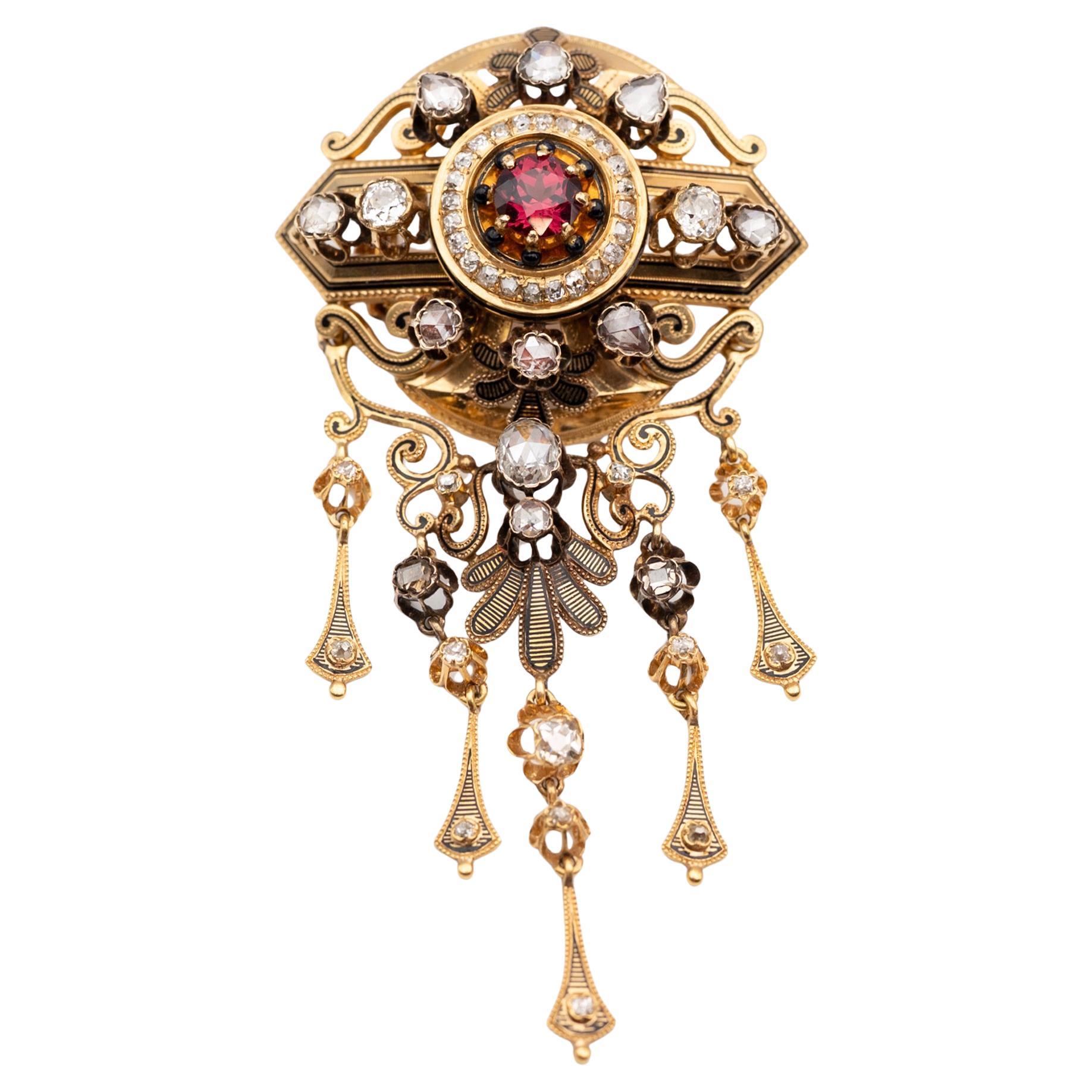 Napoleon III Rhodolite Garnet 
Diamond Brooch en venta