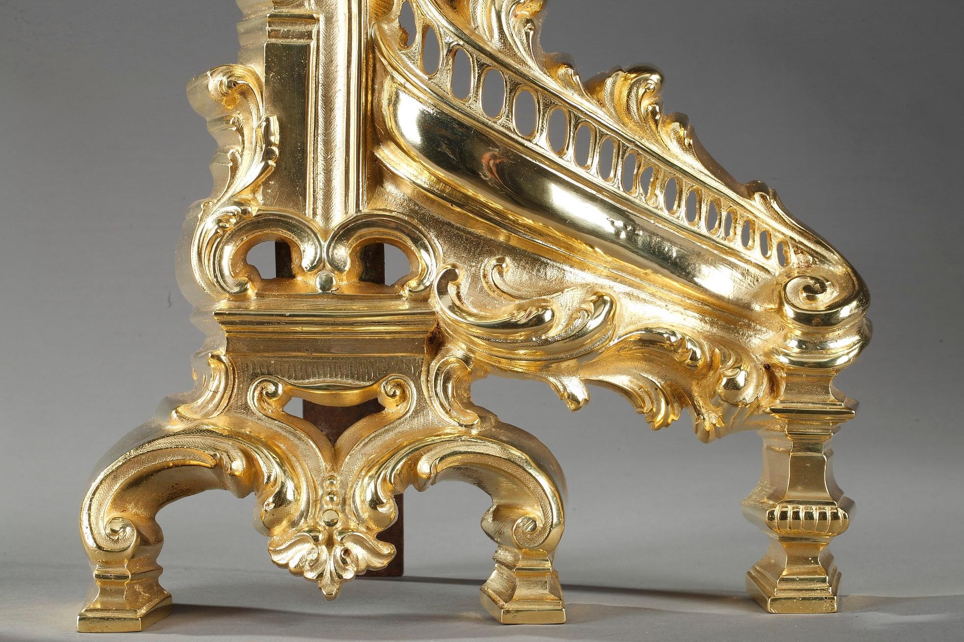 Napoleon III Rocaille-Style Ormolu Bronze Fireplace Andirons For Sale 3