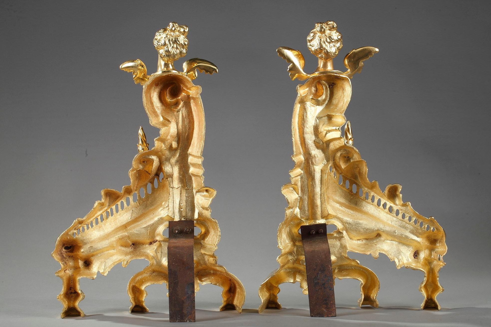 Napoleon III Rocaille-Style Ormolu Bronze Fireplace Andirons For Sale 4