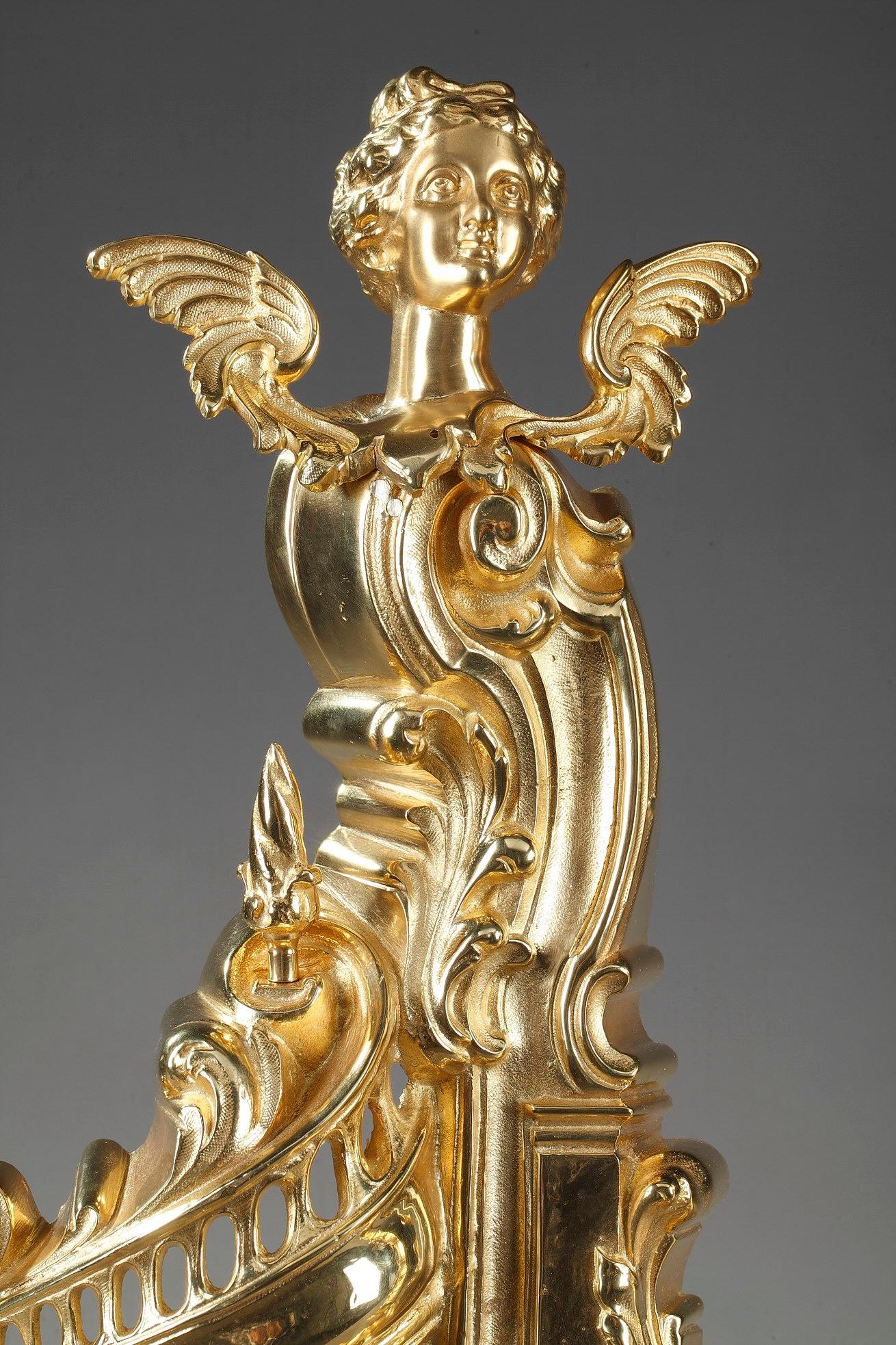 Kamin-Feuerböcke aus Goldbronze und Bronze im Rocaille-Stil Napoleon III.-Stil (Rokoko) im Angebot