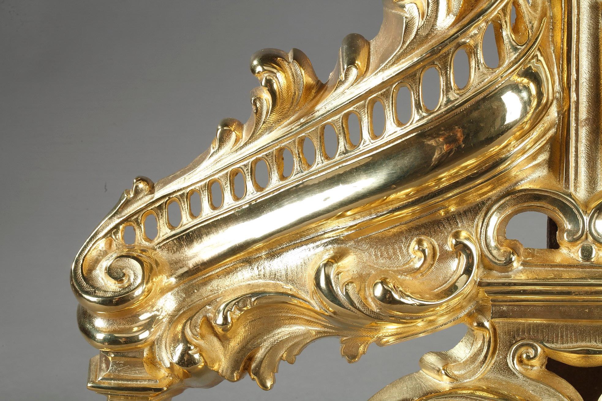 French Napoleon III Rocaille-Style Ormolu Bronze Fireplace Andirons For Sale