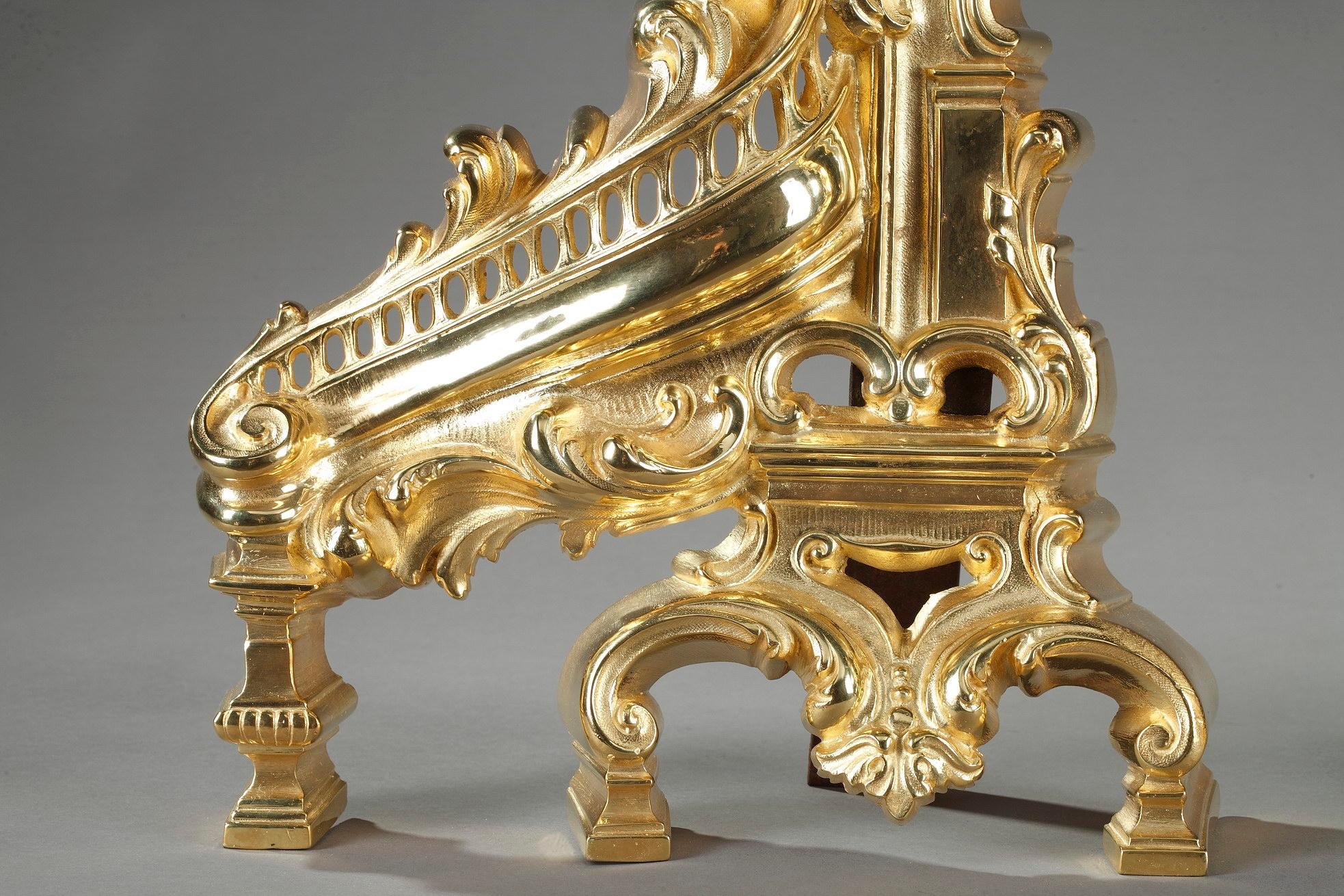 Gilt Napoleon III Rocaille-Style Ormolu Bronze Fireplace Andirons For Sale