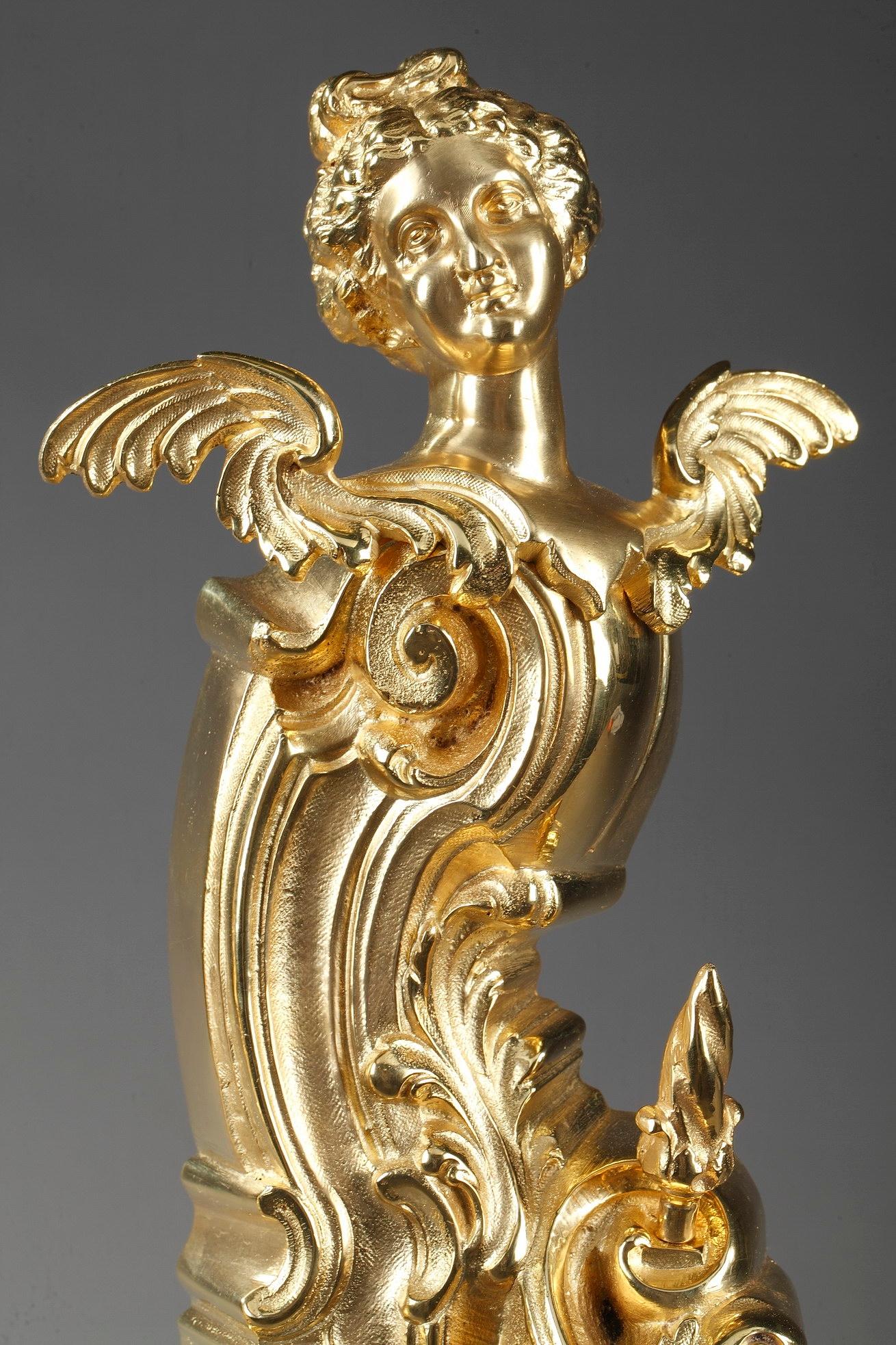 Kamin-Feuerböcke aus Goldbronze und Bronze im Rocaille-Stil Napoleon III.-Stil im Zustand „Hervorragend“ im Angebot in Paris, FR